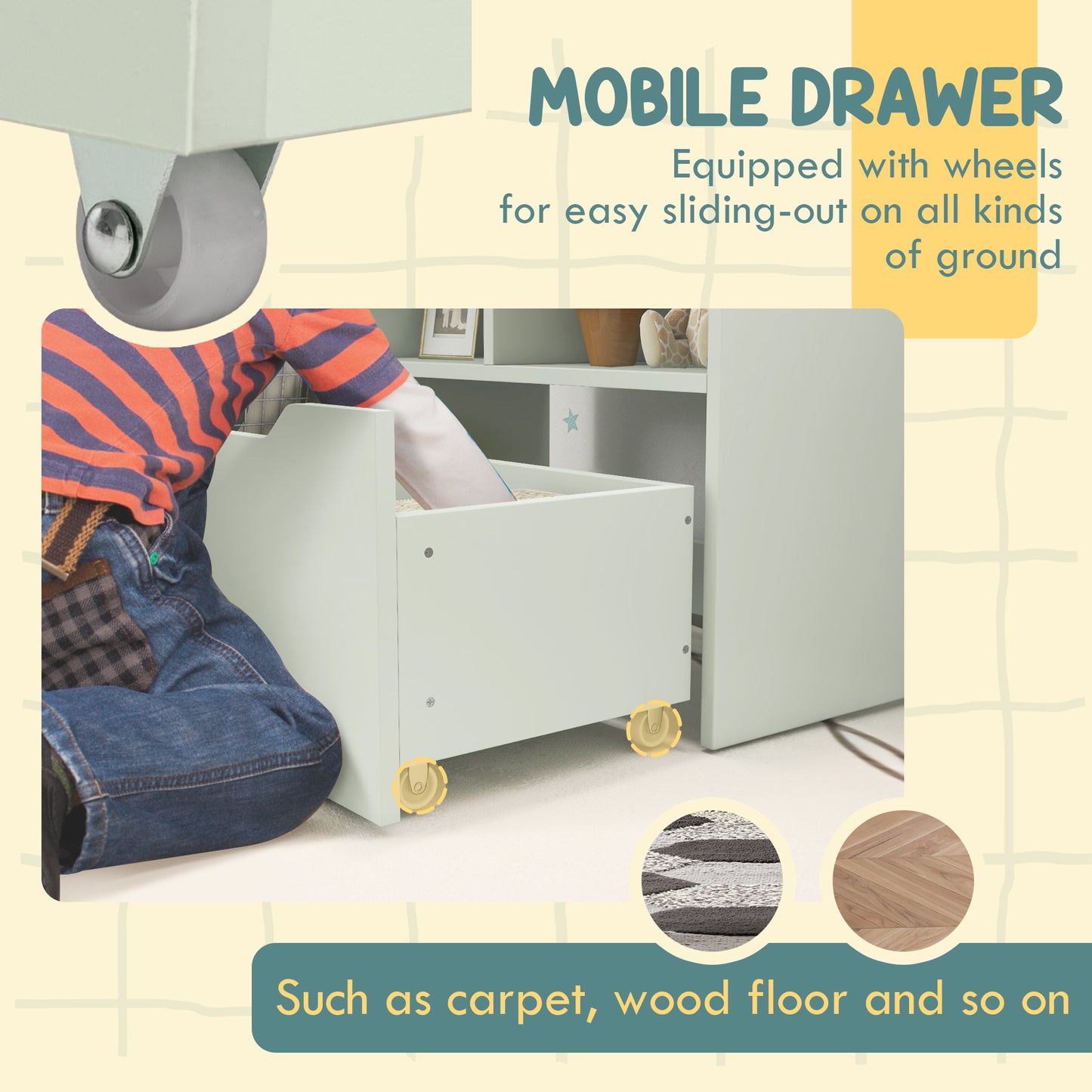 Kids Bookshelf, Toy Organiser, with Storage Drawer, Wheels