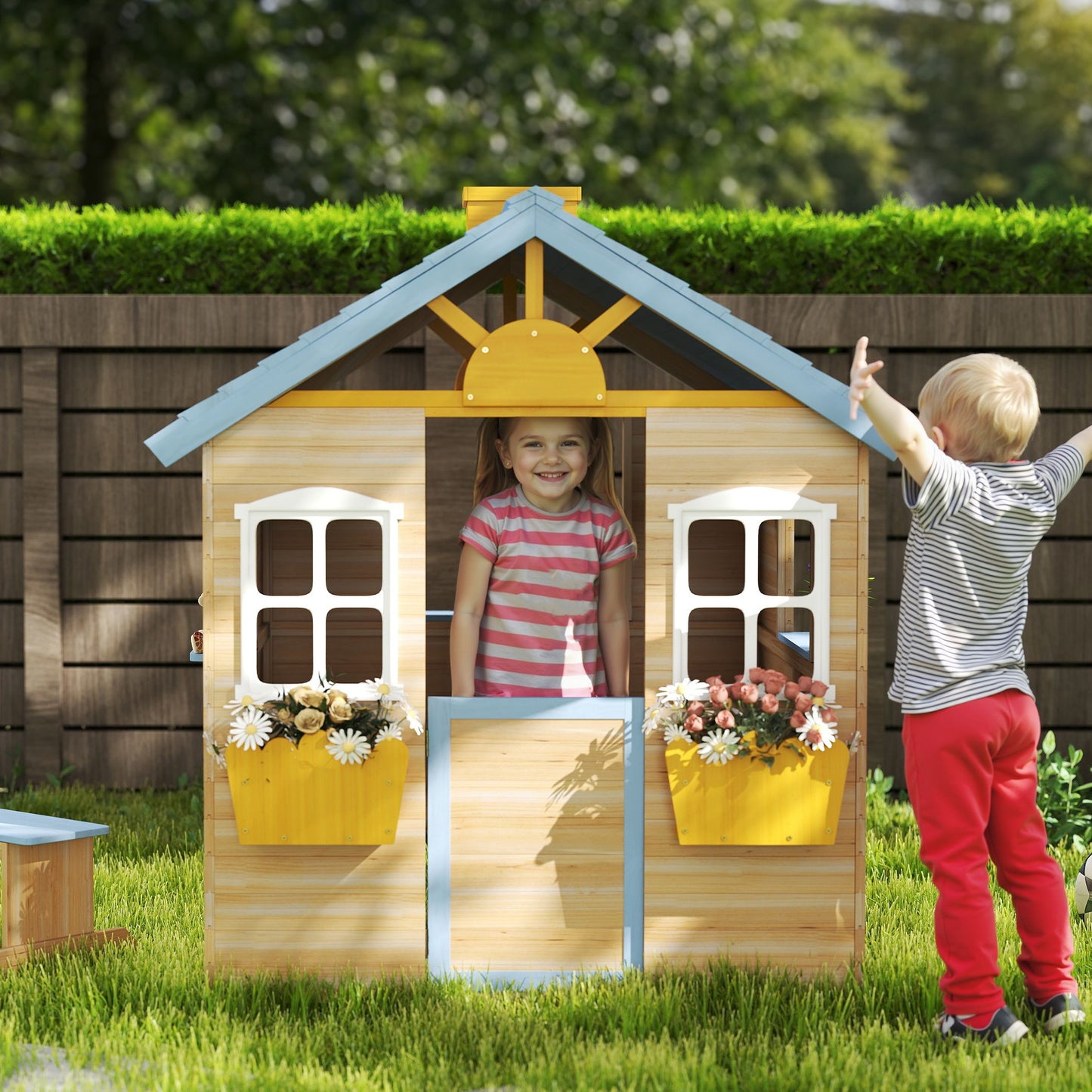 Wooden Playhouse, Wendy House w/ Door, Bench, Flowerpot Holder