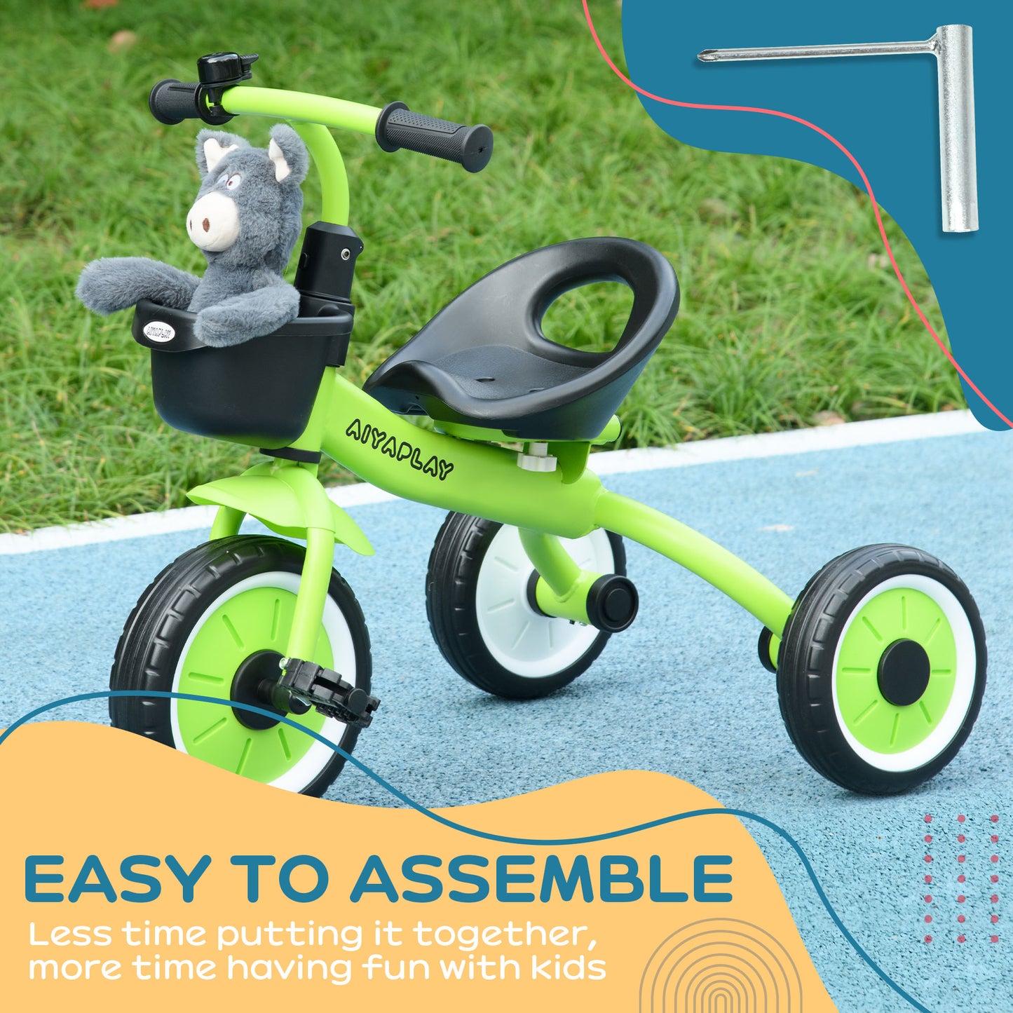 Kids Trike, Tricycle, with Adjustable Seat, Basket, Bell