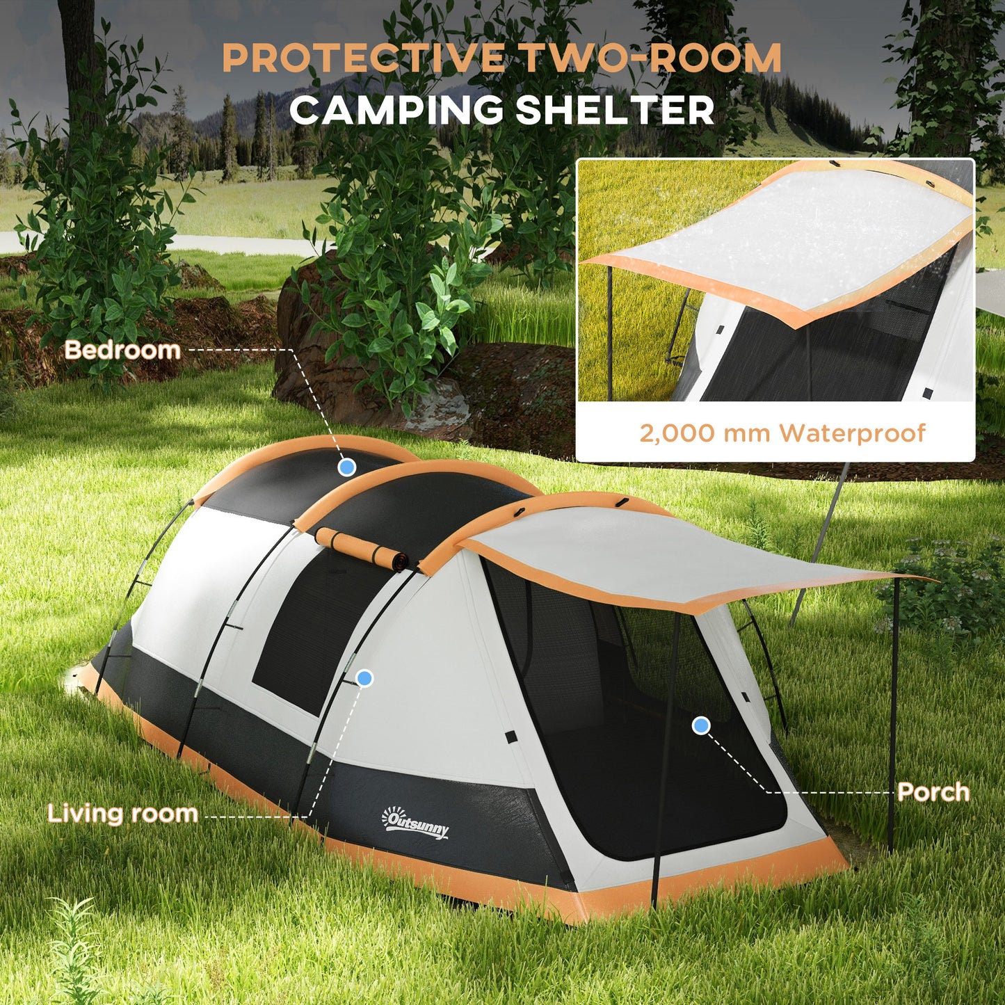 Three-Man Camping Tent, with Two Rooms and Porch