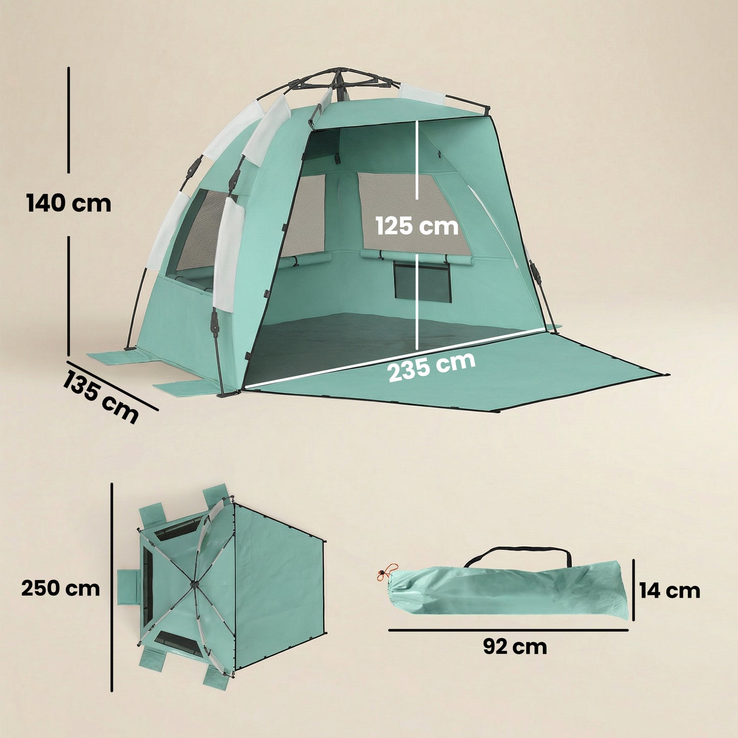 2-3 Person Pop Up Beach Tent, UPF15+ Sun Shelter with Extended Floor