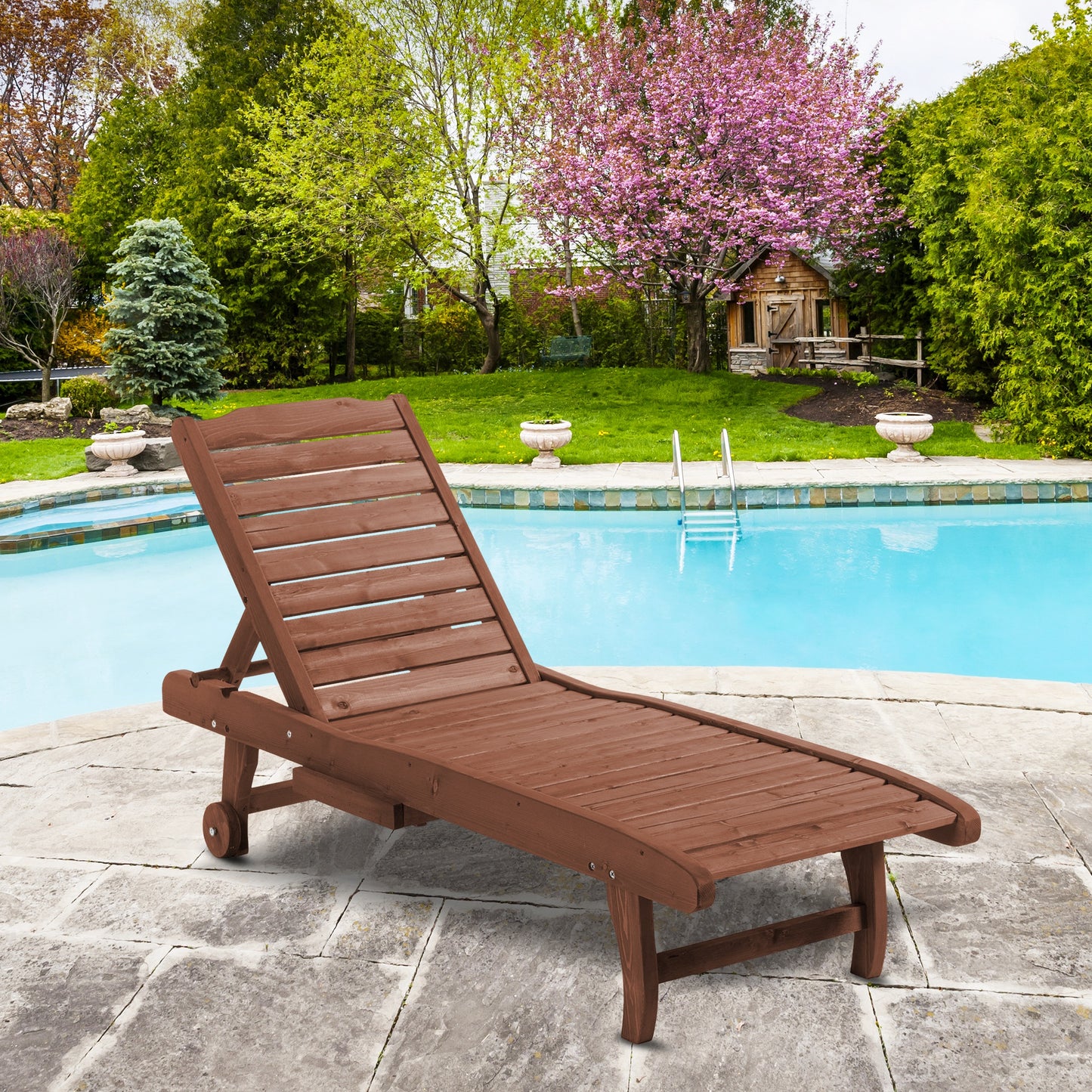 Outdoor Wooden Lounger Chair, Sun Bed with Built-In Table