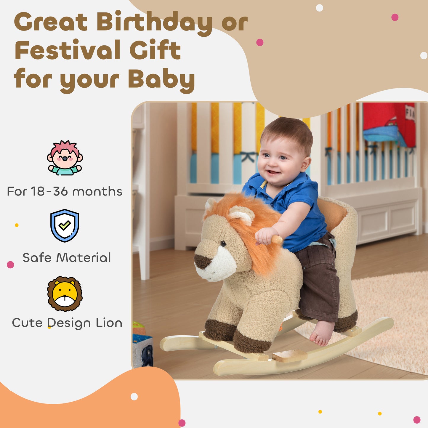 Kids Lion-themed Rocking Horse, with Roaring Sound Button, Seatbelt