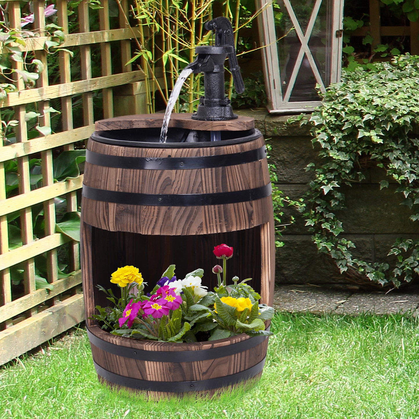 Wood Barrel Patio Water Fountain Electric Pump Garden Decorative