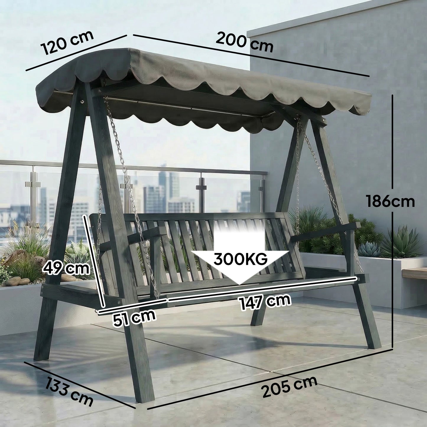 3 Seater Garden Swing Seat with Canopy, Wooden Swing Chair