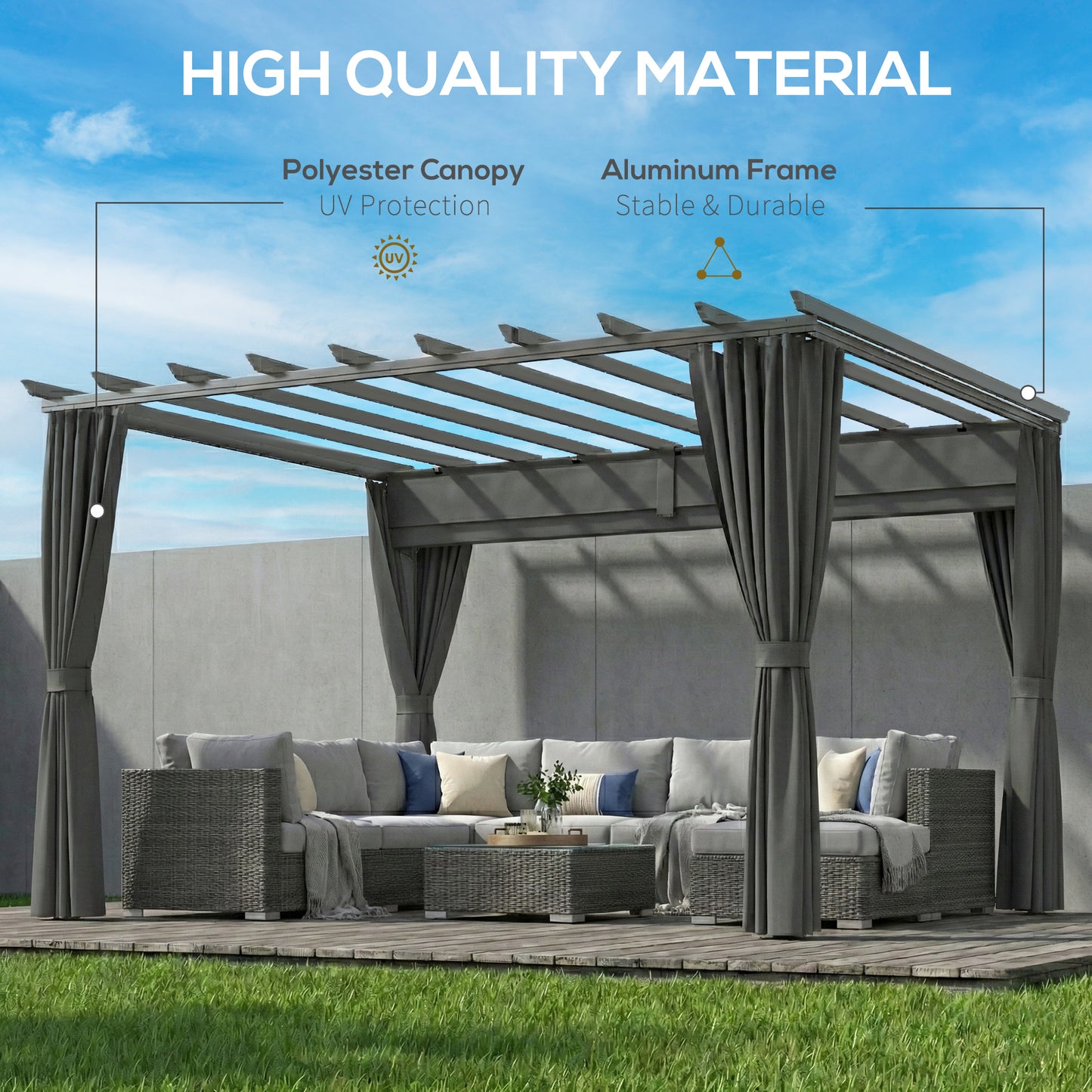 3.6 x 3 m Pergola with Retractable Roof Canopy, Curtains