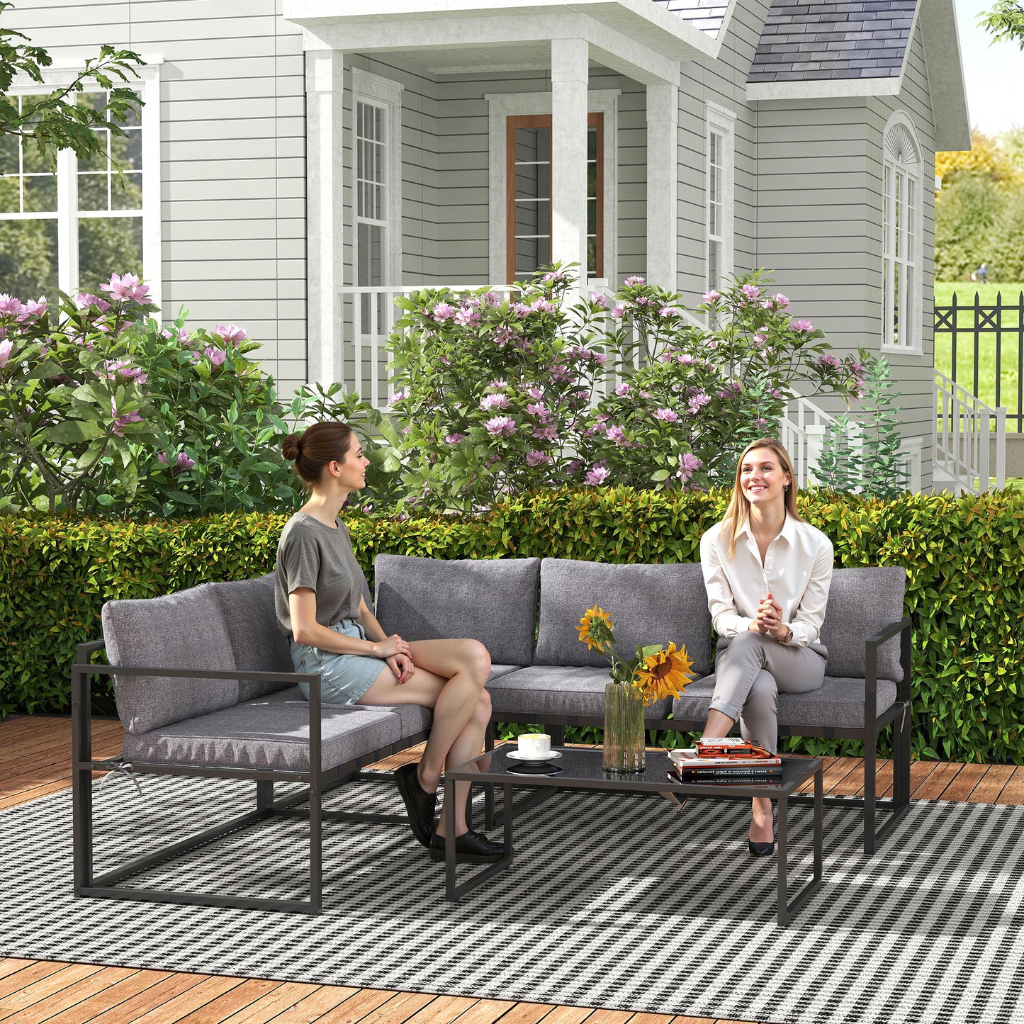 Three-Piece L Shaped Garden Furniture Set with Cushions