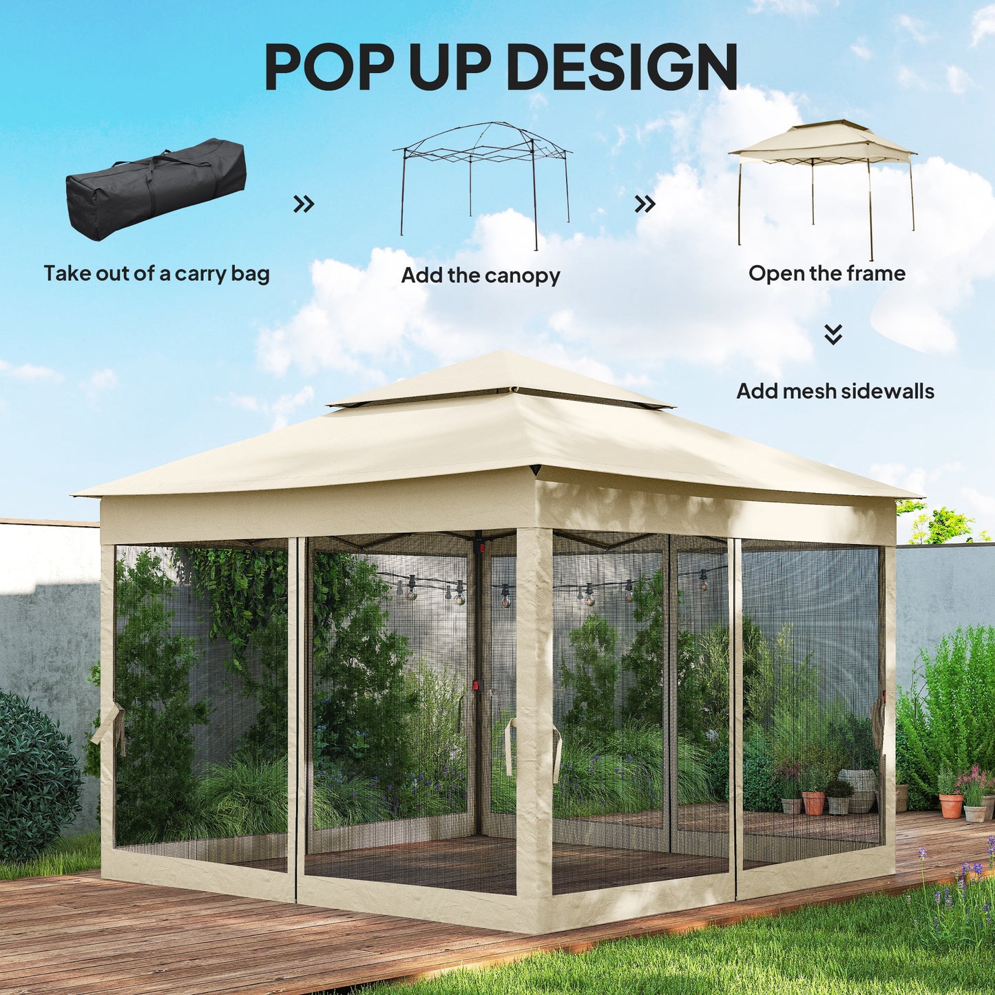 3 x 3(m) Pop Up Gazebo, Double-roof Garden Tent with Netting