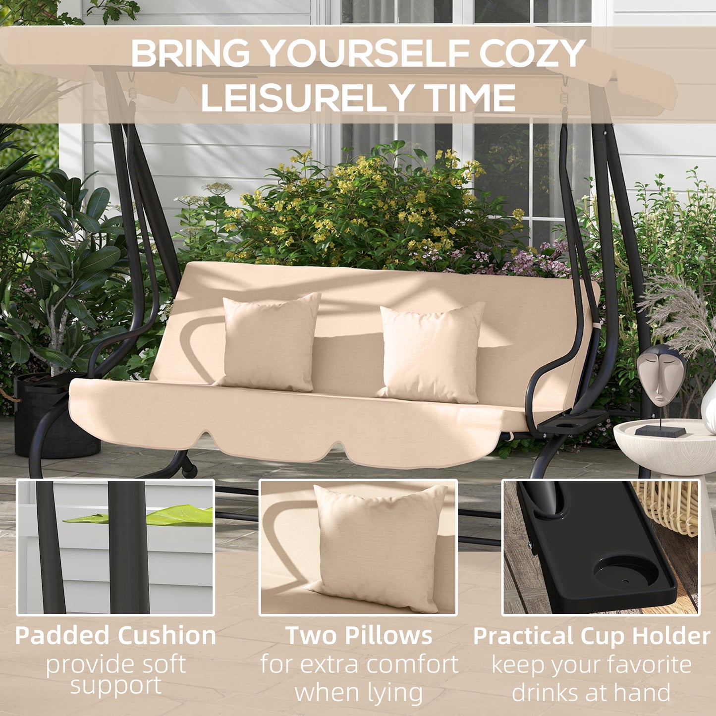Three-Person garden Swing Chair, with Adjustable Canopy