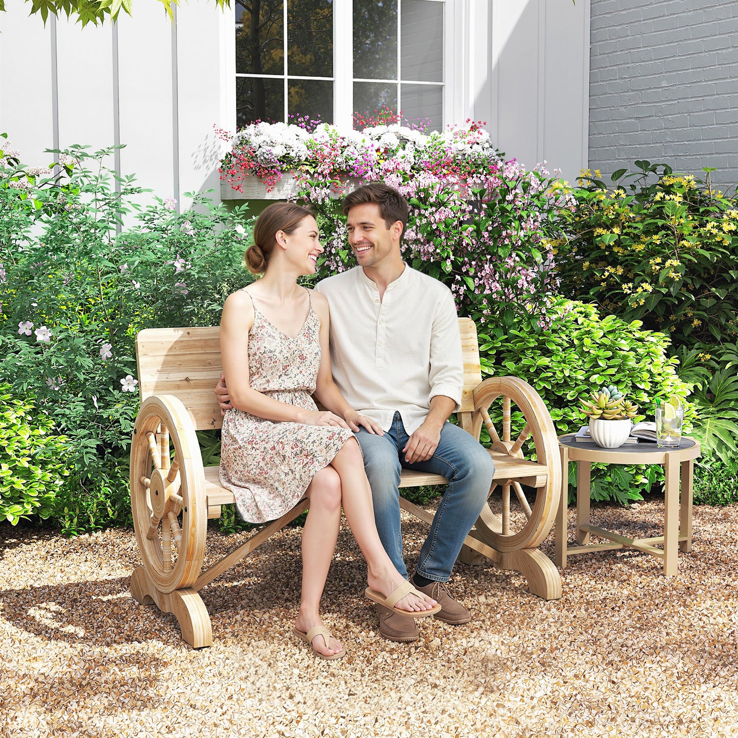 Fir Wood 2-Seater Outdoor Garden Wagon Wheel Bench