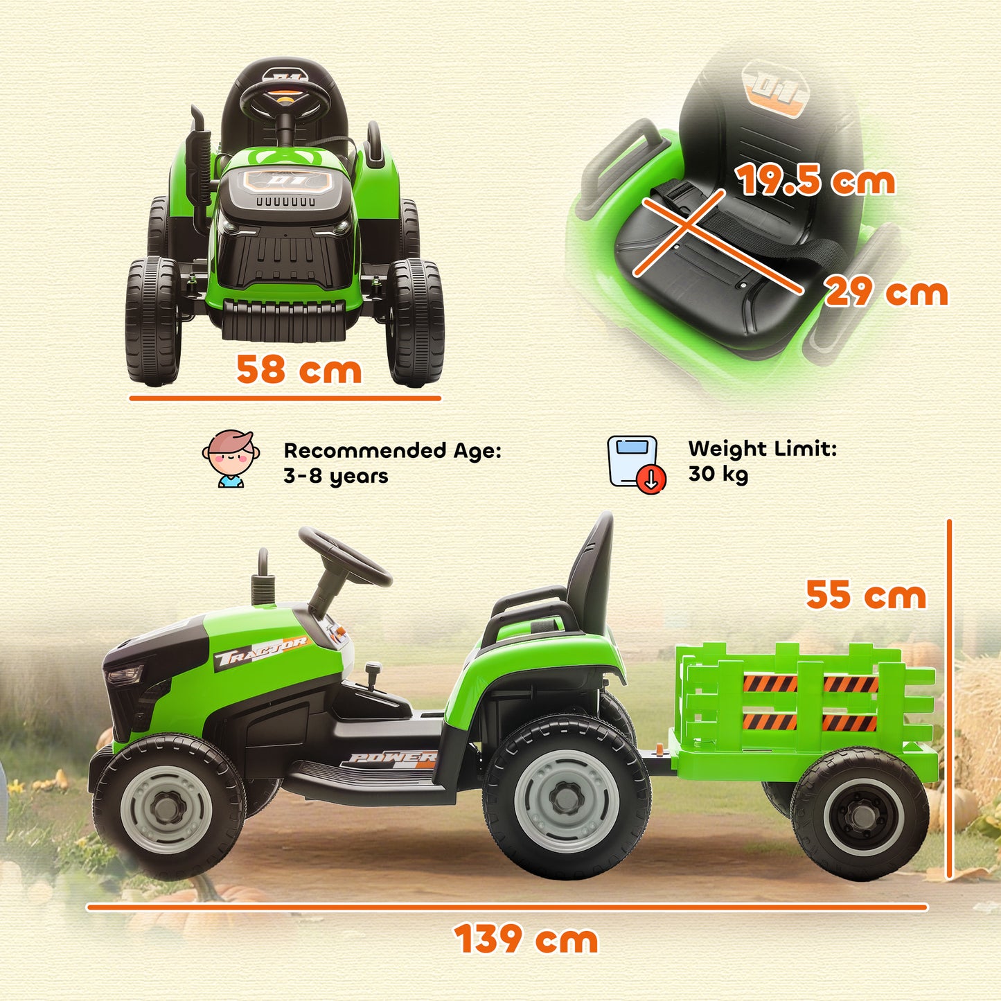 12V Ride on Tractor and Trailer with Remote Control, Music, Shifter