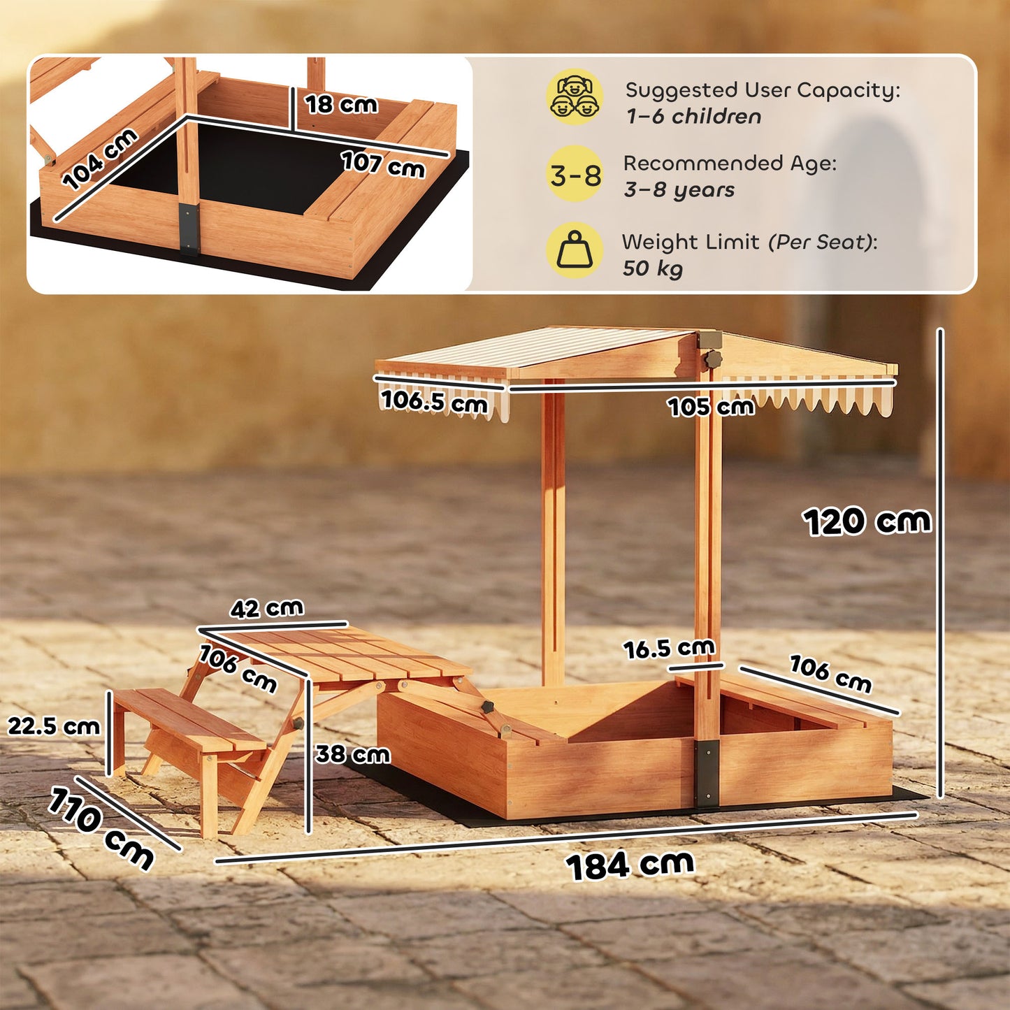 Kids Sand Pit with Lid, Wooden Sandpit with Canopy