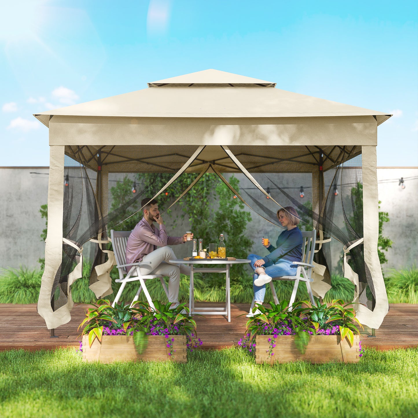 3 x 3(m) Pop Up Gazebo, Double-roof Garden Tent with Netting