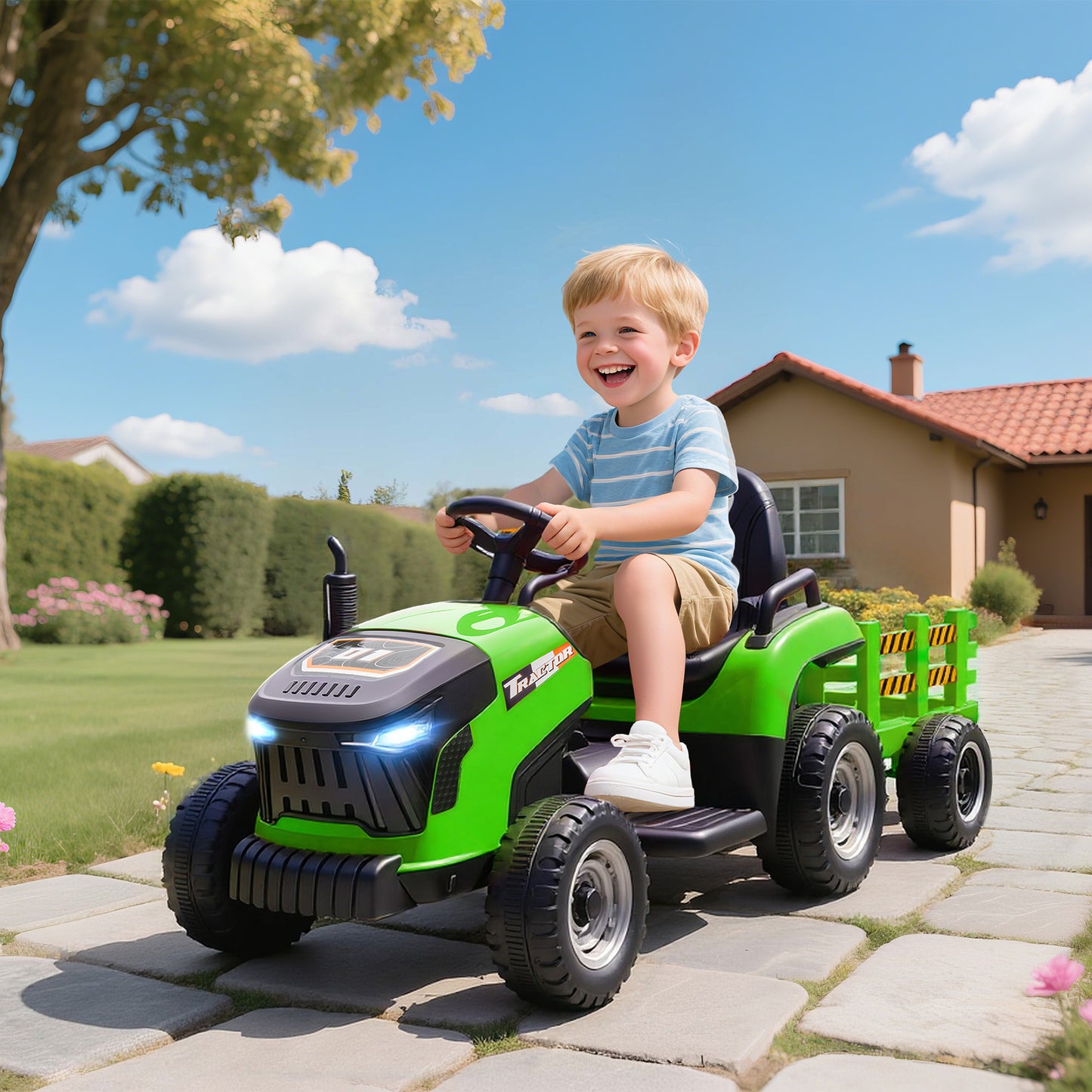12V Ride on Tractor and Trailer with Remote Control, Music, Shifter
