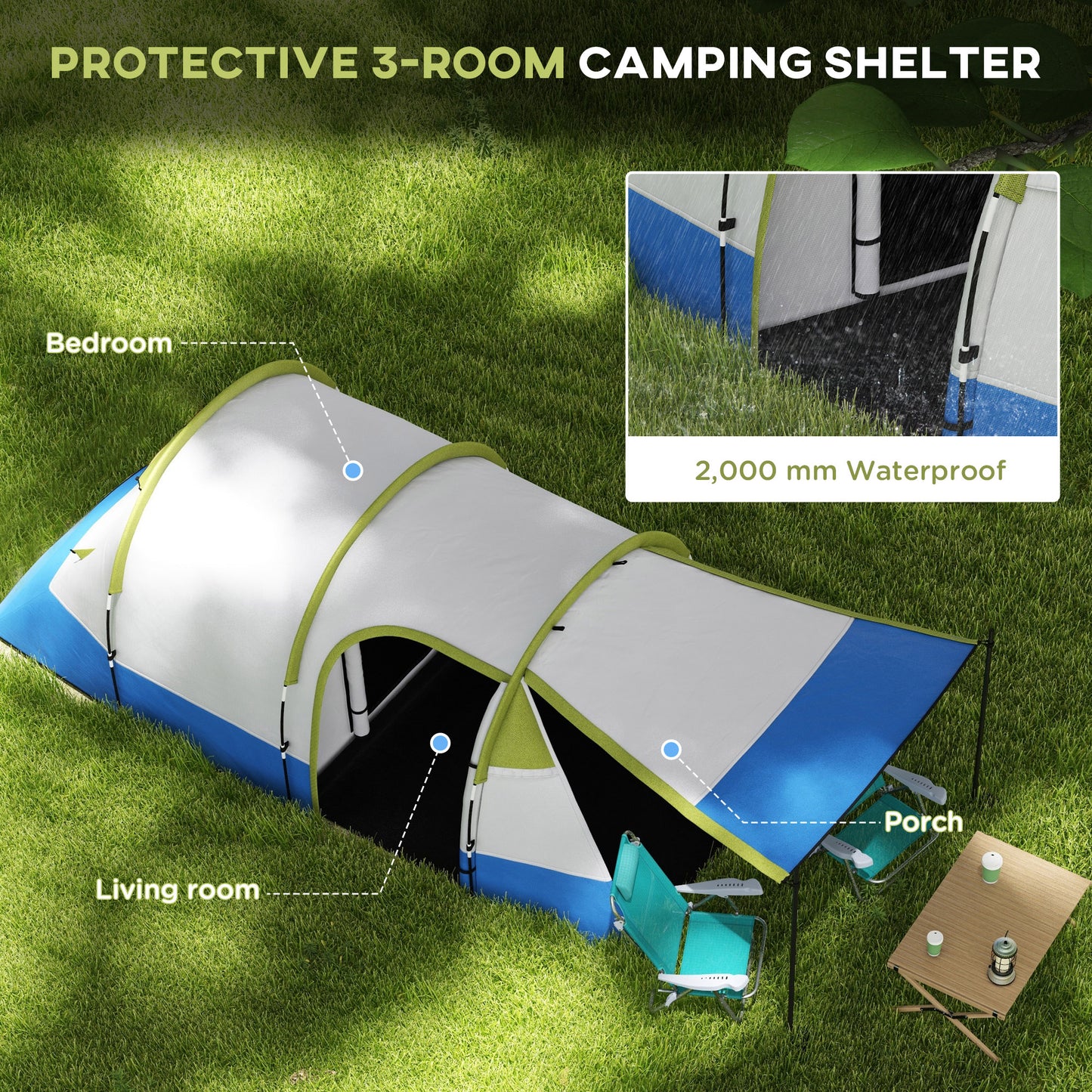 Three Man Two-Room Tent, with Porch and Accessories