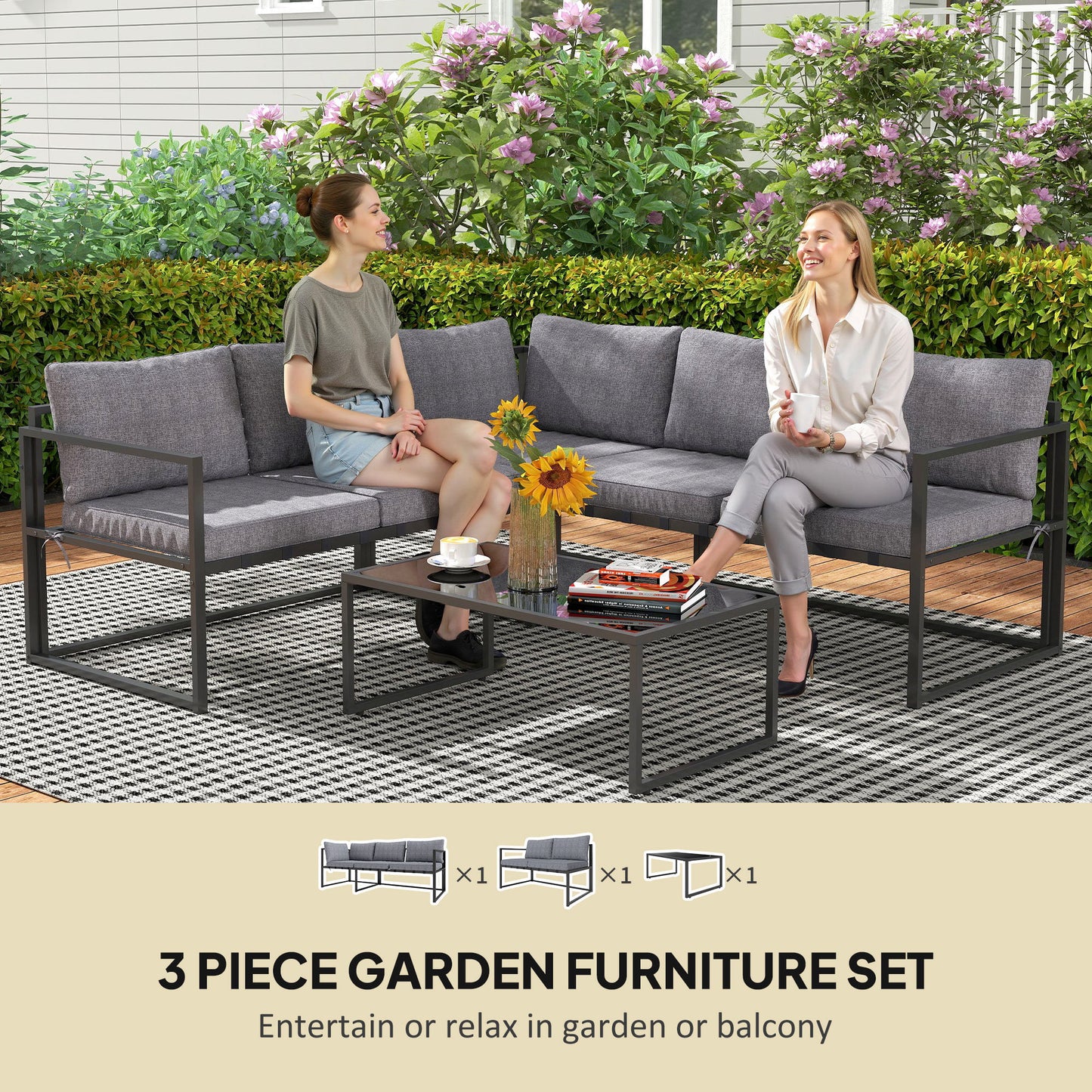 Three-Piece L Shaped Garden Furniture Set with Cushions