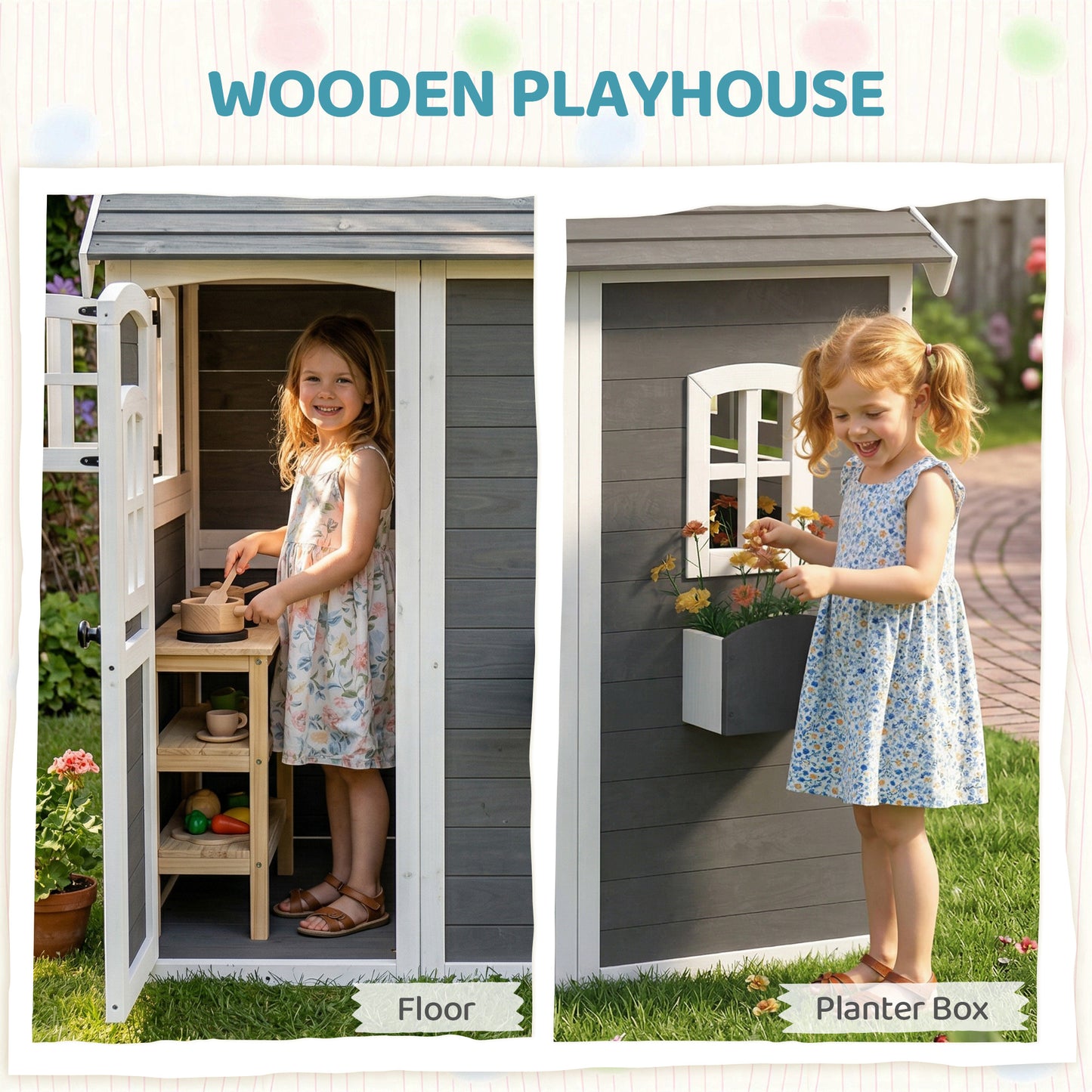 Wooden Playhouse for Kids with Doors, Windows, Plant Box, Floors