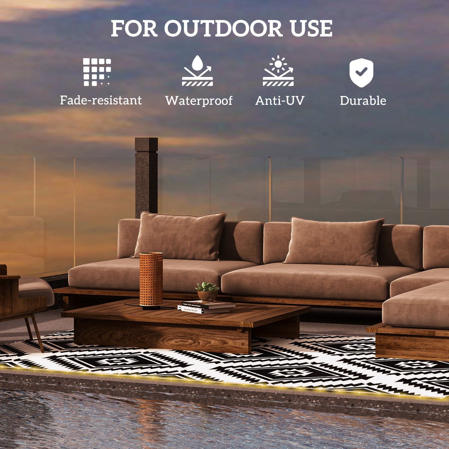 Plastic Straw Reversible RV Outdoor Rug with LED String Light (1)