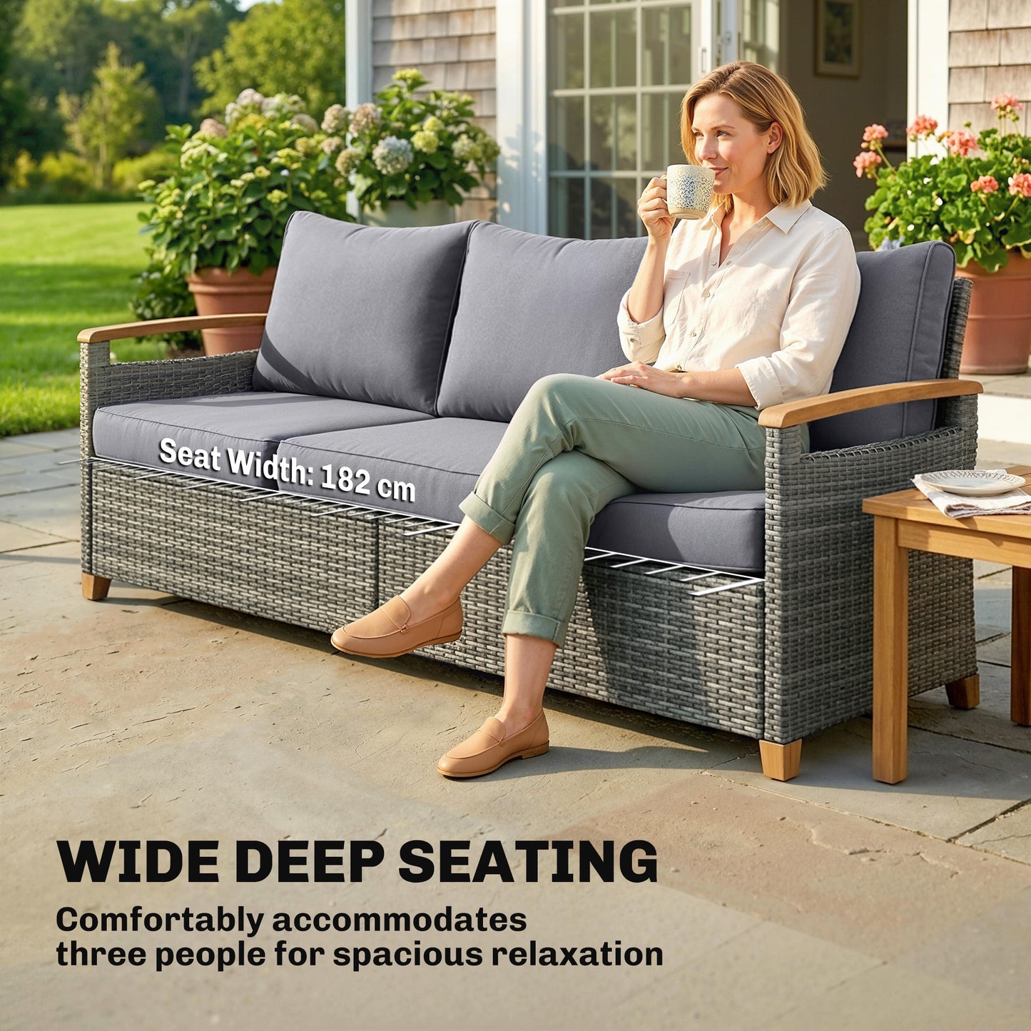 3 Seater Rattan Garden Sofa, PE Wicker Outdoor Sofa Wide Deep Seat