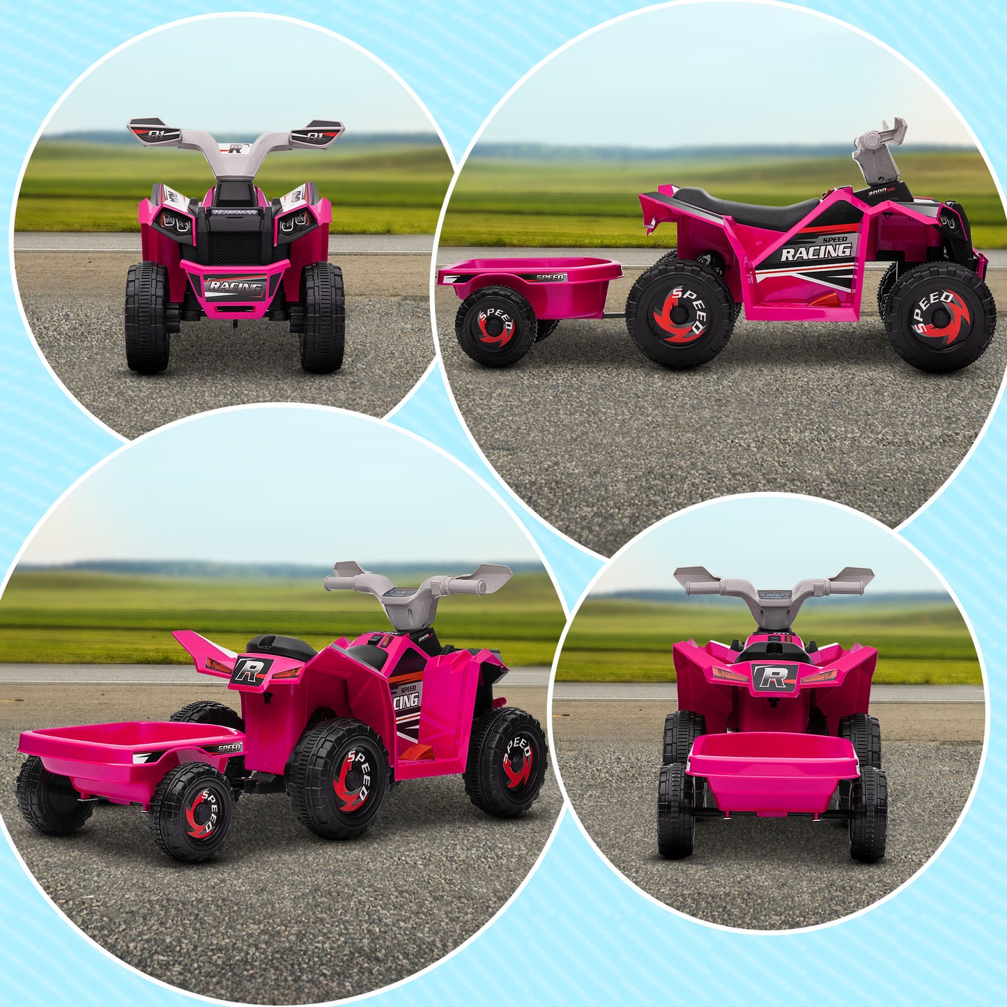 6V Quad Bike with Back Trailer, Wear-Resistant Wheels