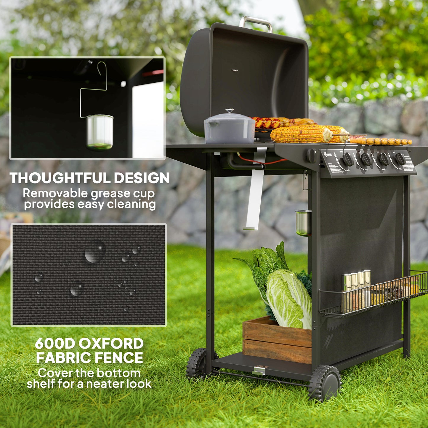 4+1 Burner Gas BBQ Grill, Portable Gas Barbecue Grill