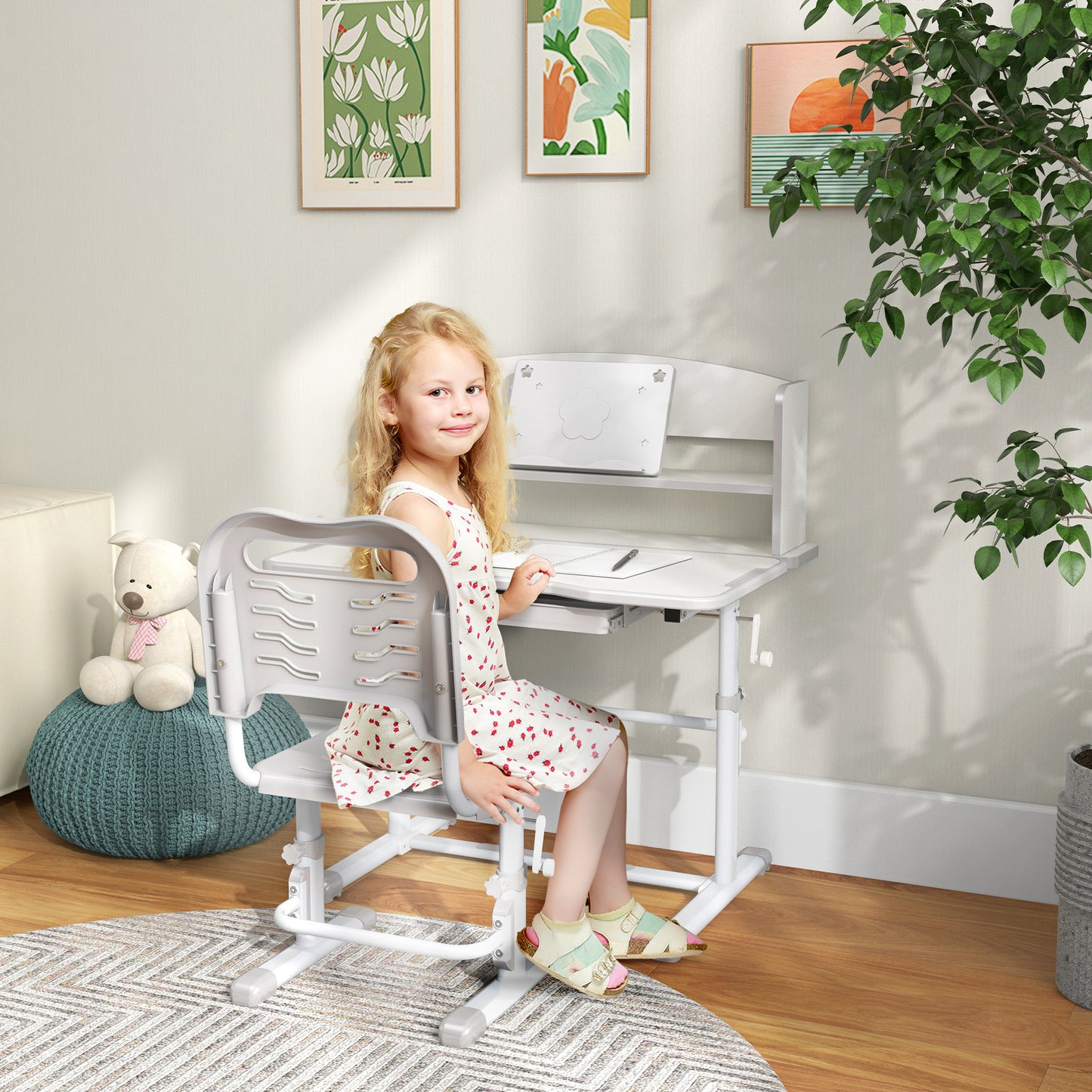 Height Adjustable Kids Study Table and Chair Set, with Drawer