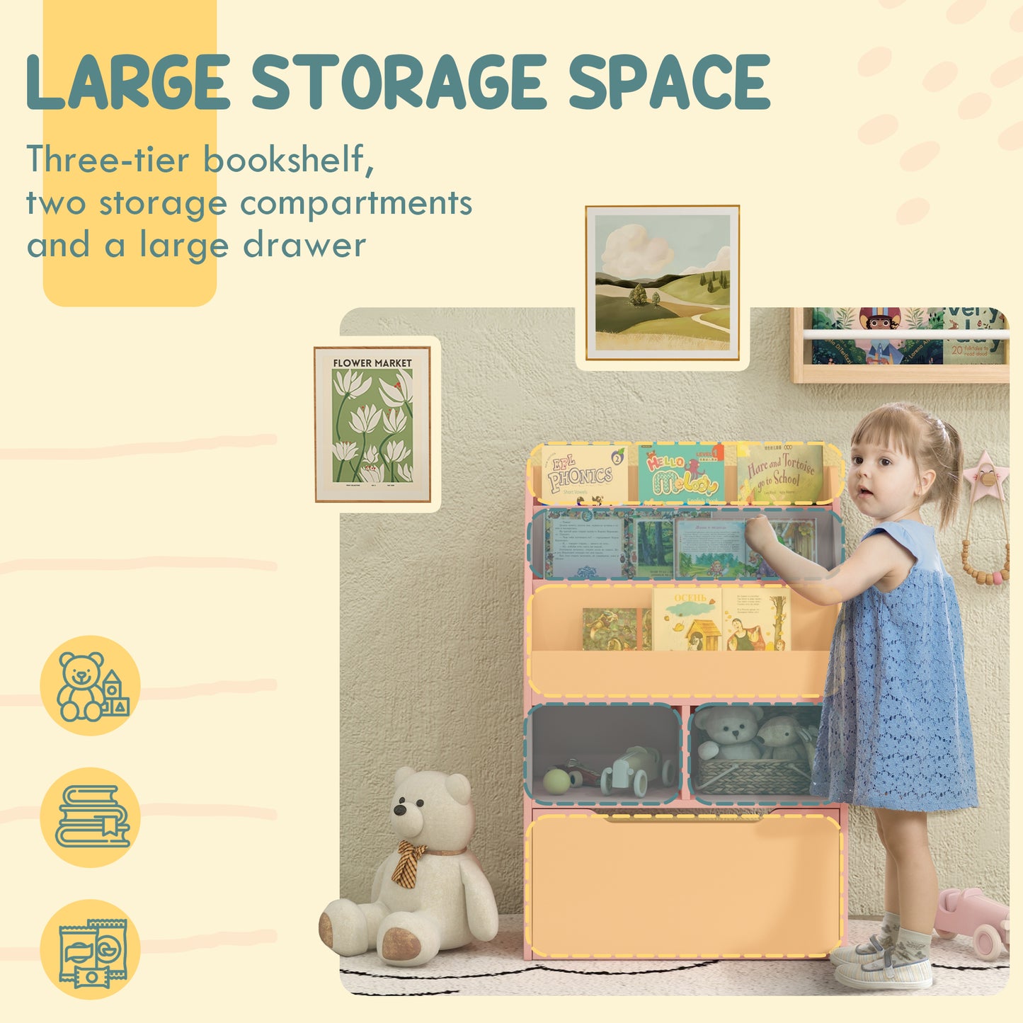 Kids Bookshelf, Toy Organiser, with Storage Drawer, Wheels