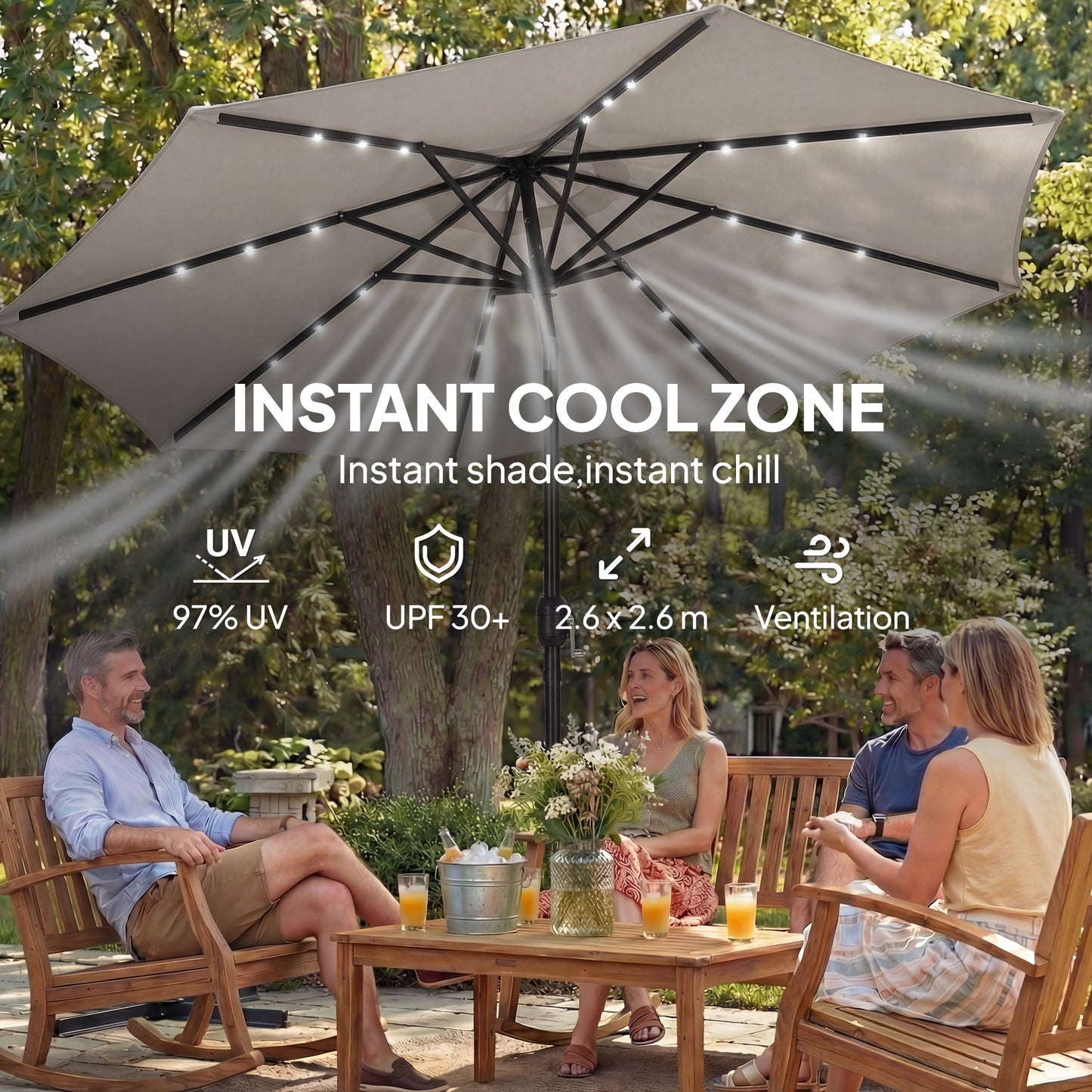 2.6 m Garden Parasol Umbrella with LED Solar Light, Parasol Cover