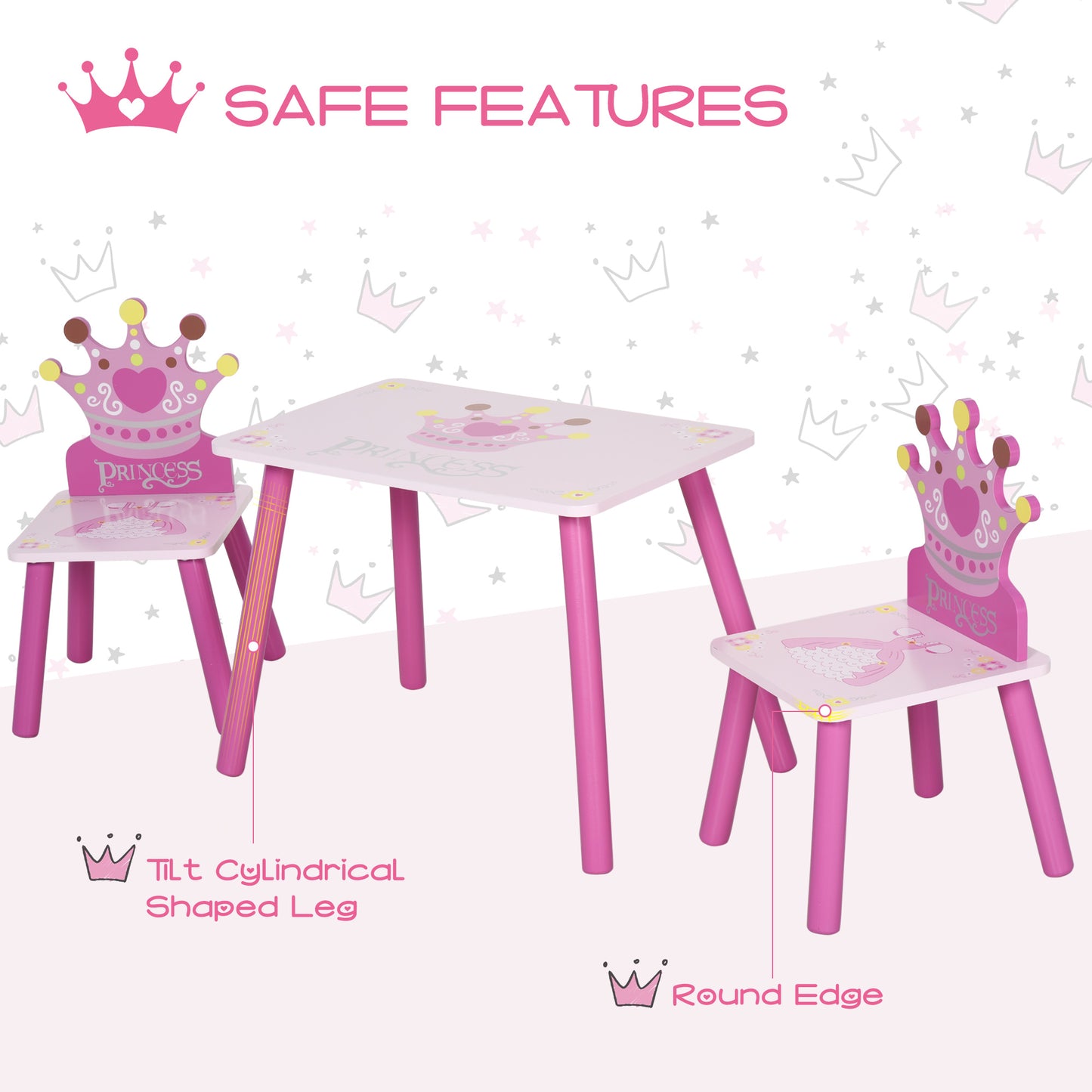 3 Pcs Kids and Table Chair Set Princess & Crown Theme Home
