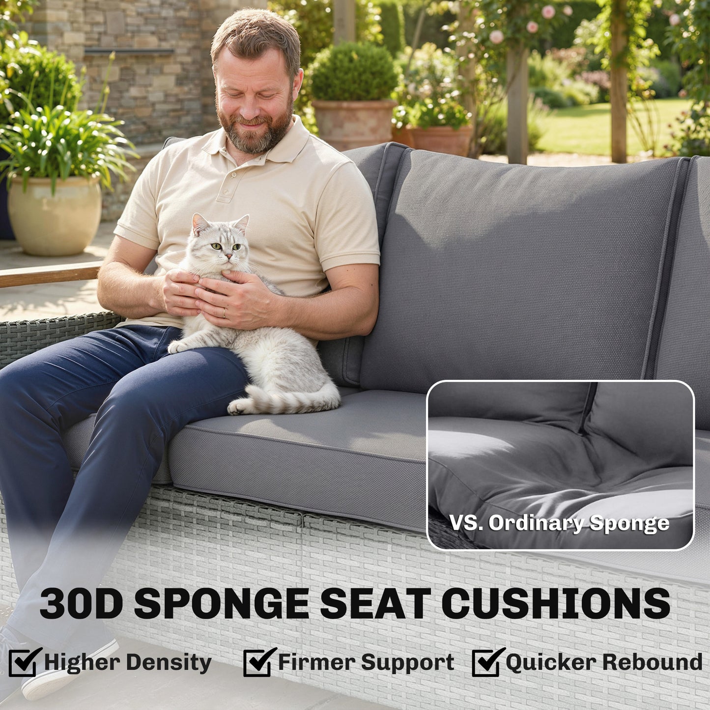 3 Seater Rattan Garden Sofa, PE Wicker Outdoor Sofa Wide Deep Seat
