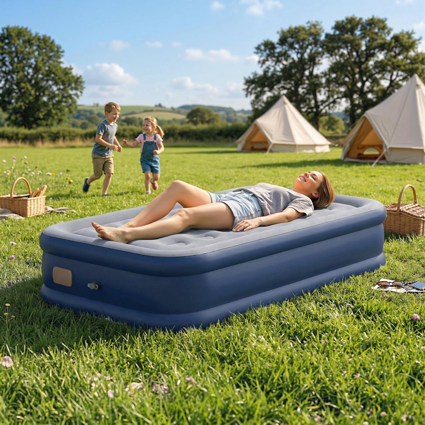 Inflatable Mattress, Single Air Bed with Built-in Electric Pump