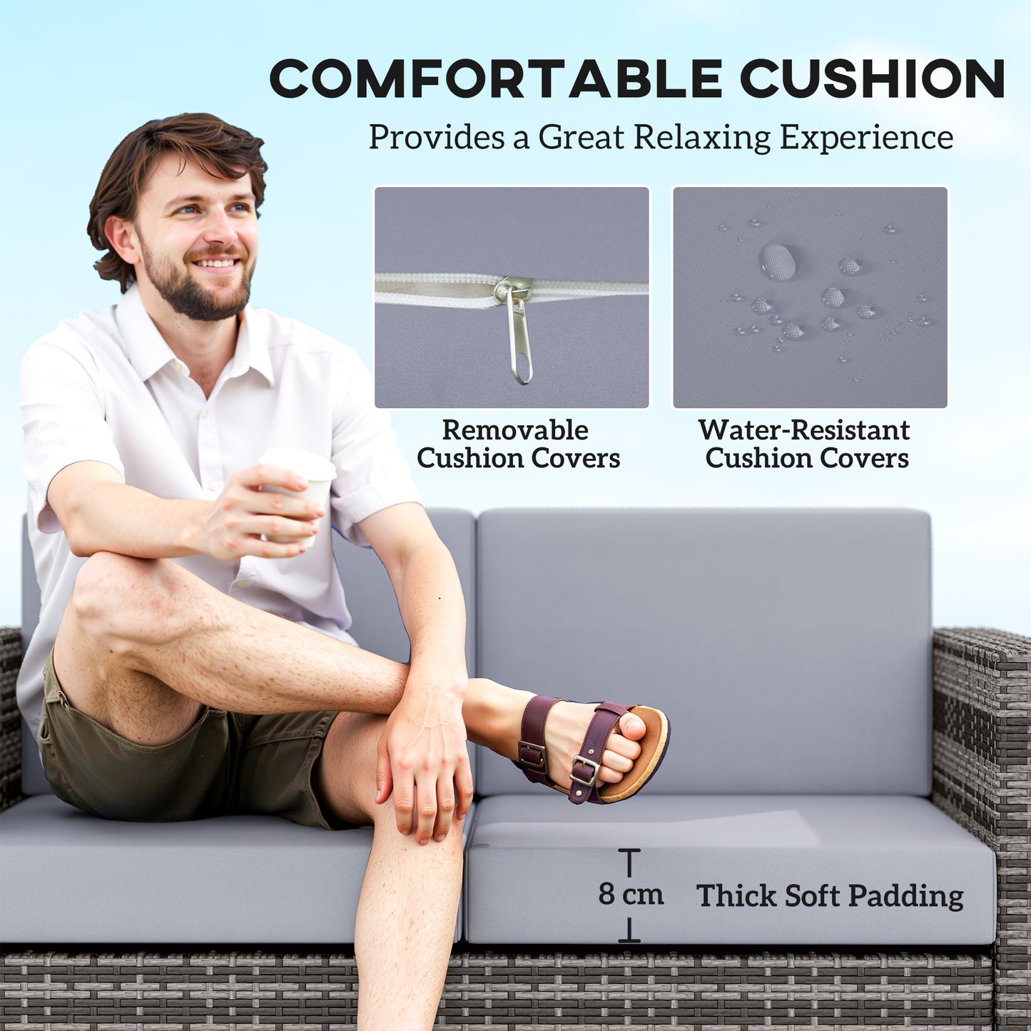 Rattan Sofa, 2 Seater Garden Furniture with Soft Padded Cushion (3)