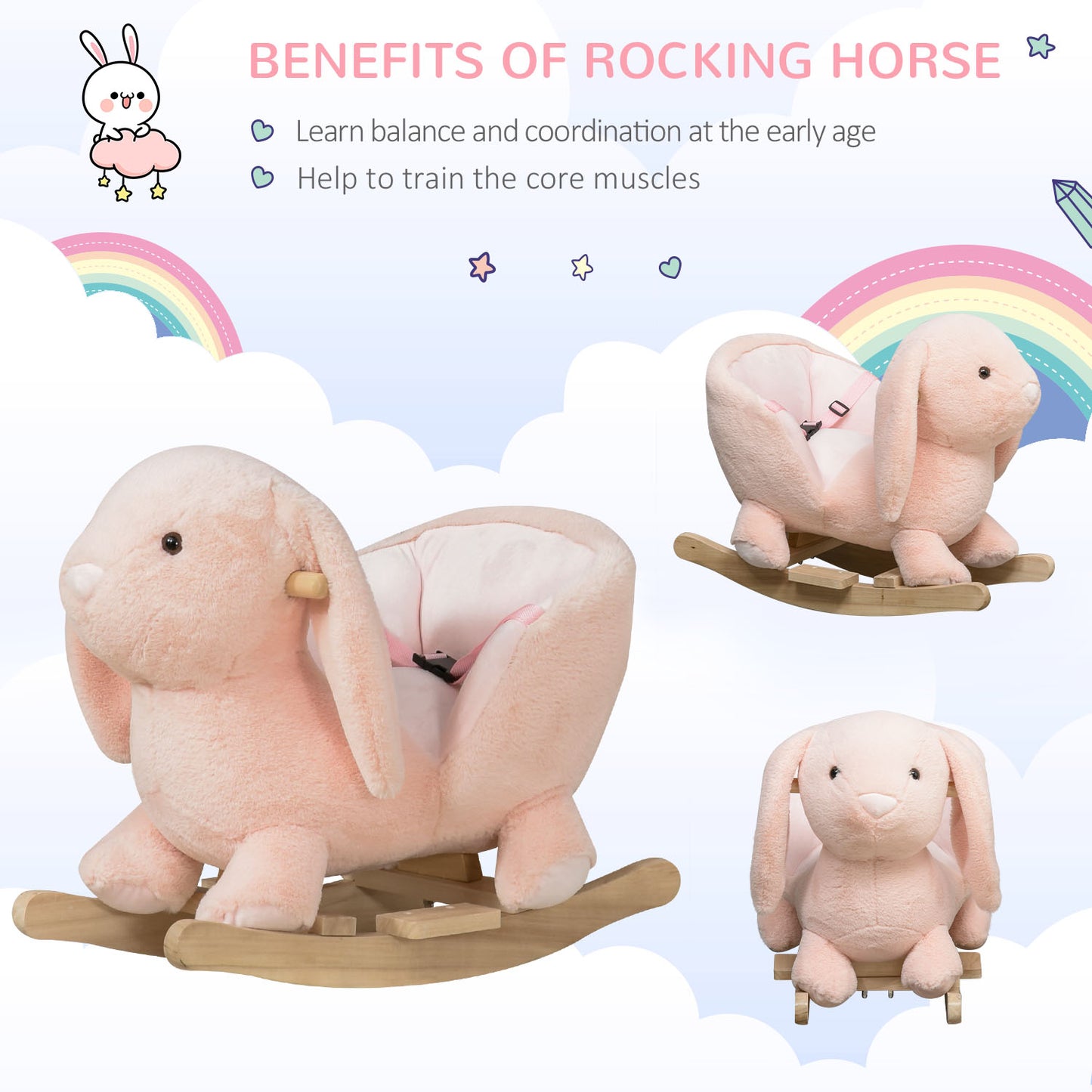 Baby Rocking Horse, Plush Baby Rocker Rabbit Ride-On Toy with Sound