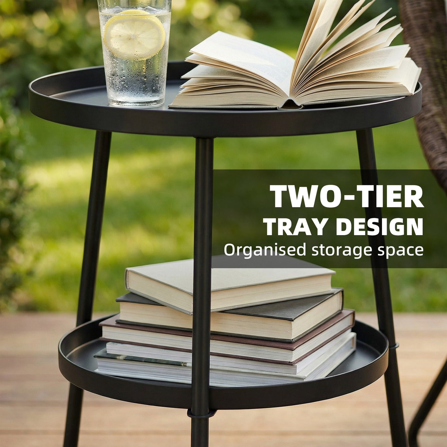 Patio Side Table, 2-Tier Round Coffee End Table