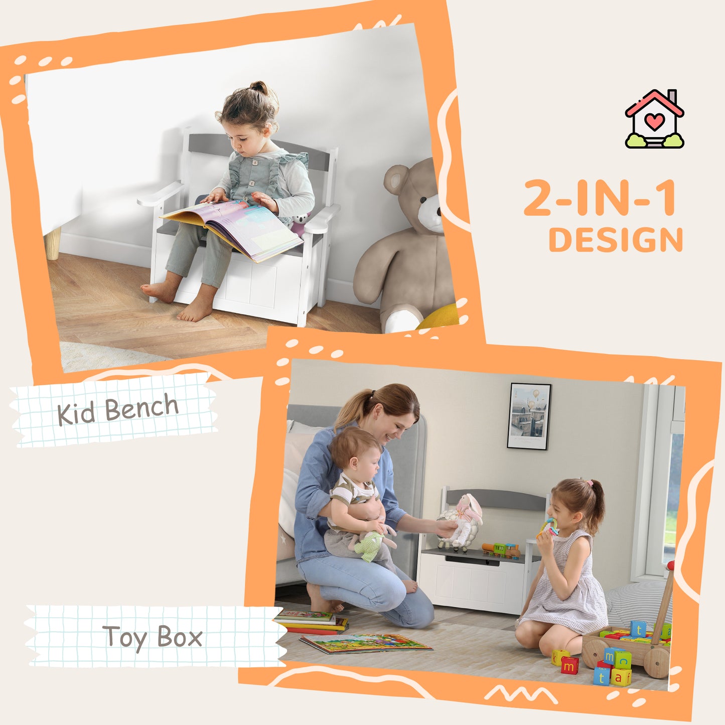 2-in-1 Toy Box for Kids with Lid for Bedroom, Nursery, Playroom