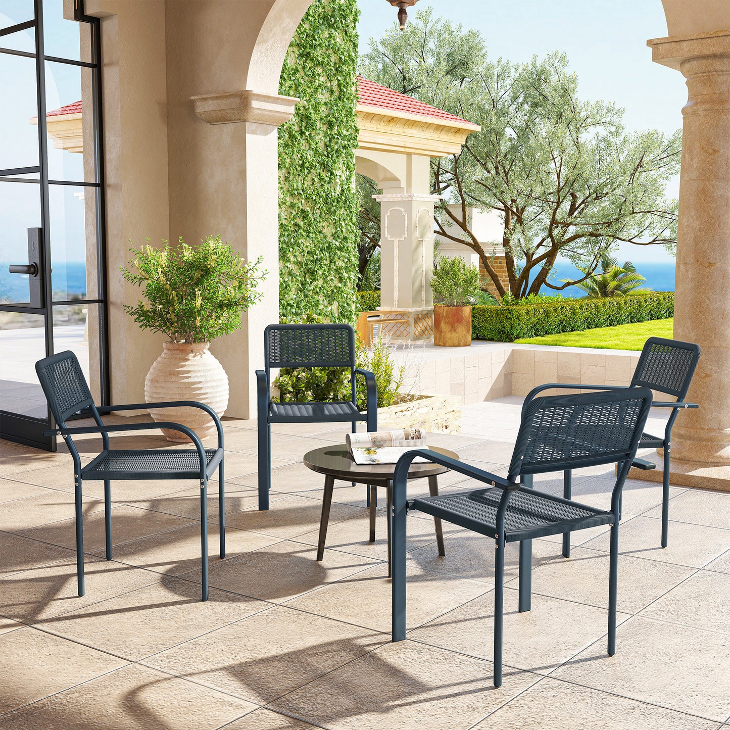 Garden Chairs Set of 4, Stackable Rattan Effect Dining Chairs