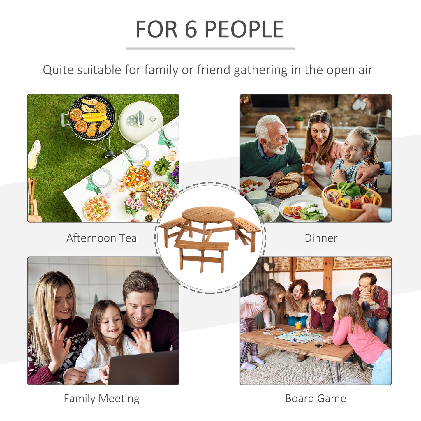 Wooden Garden Dining Set, 6 Seater Round Dining Picnic Table