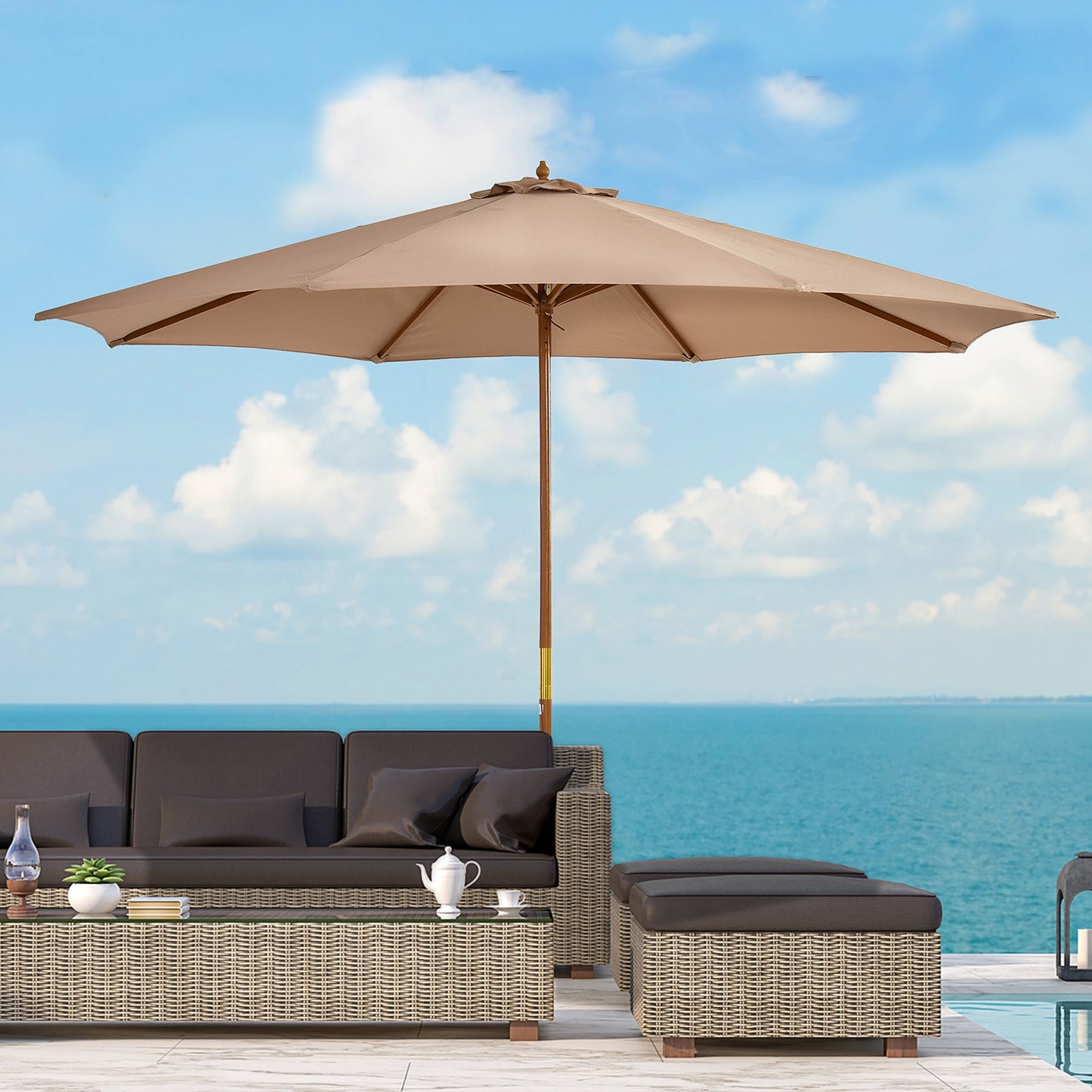 3(m) Garden Umbrella Wooden Parasol 8 Ribs Bamboo Sun Shade Patio