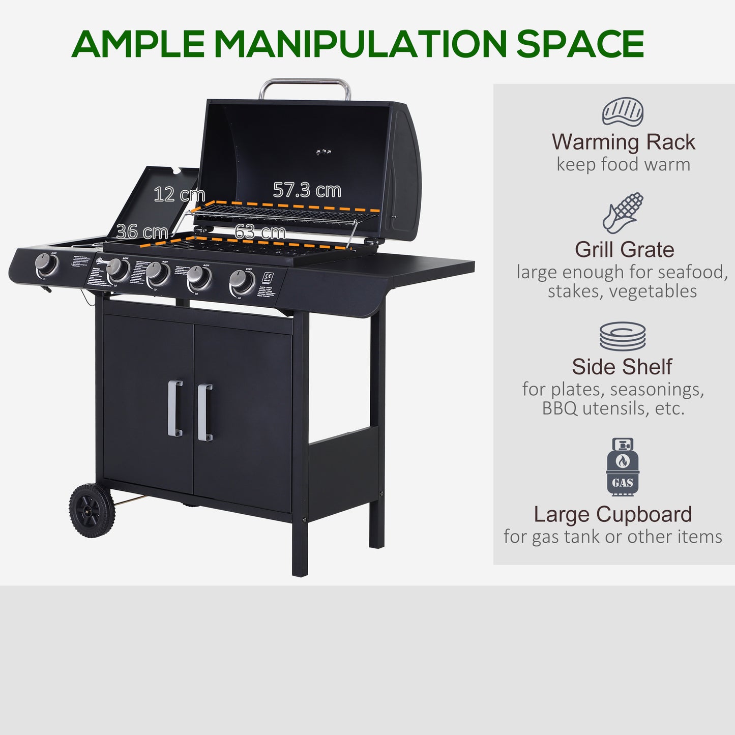 4+1 Burner Gas BBQ Grill, Outdoor Barbecue Trolley with Wheels