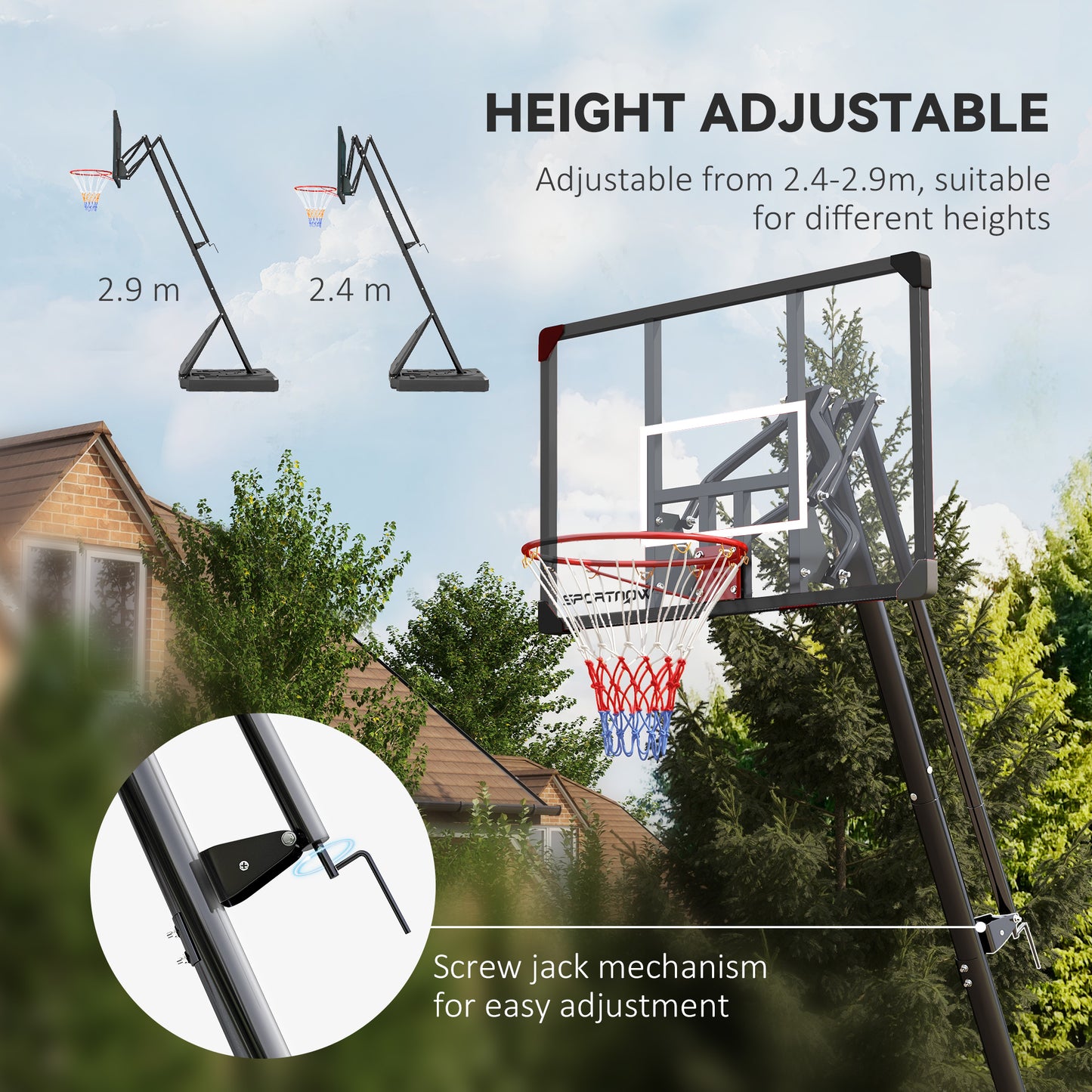 2.4-2.9m Adjustable Basketball Hoop and Stand with Weighted Base