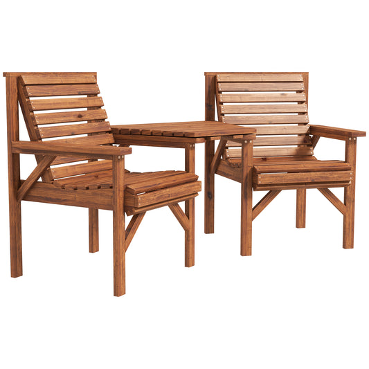 Wooden Garden Love Seat w/ Coffee Table Umbrella Hole, Tan