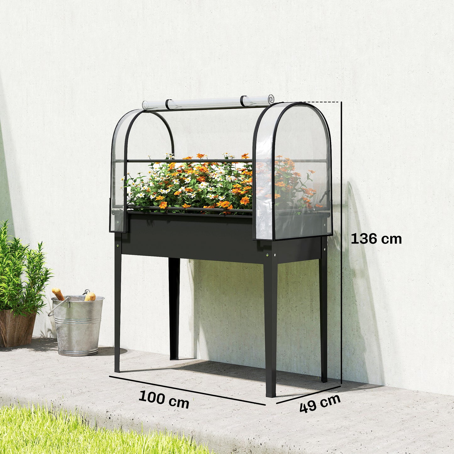 Raised Planter with Flip-Up Greenhouse Cover
