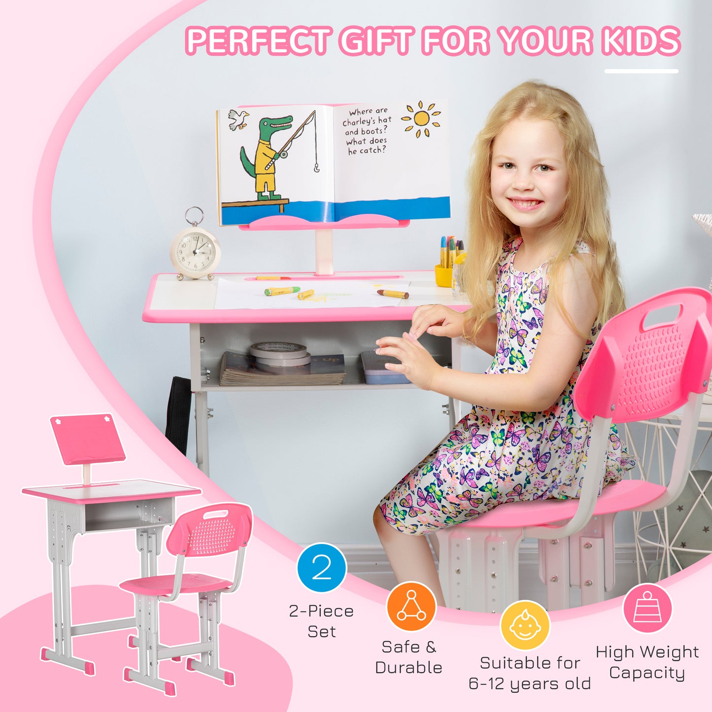 Kids Adjustable Desk and Chair Set, Book Stand, Pen Slot