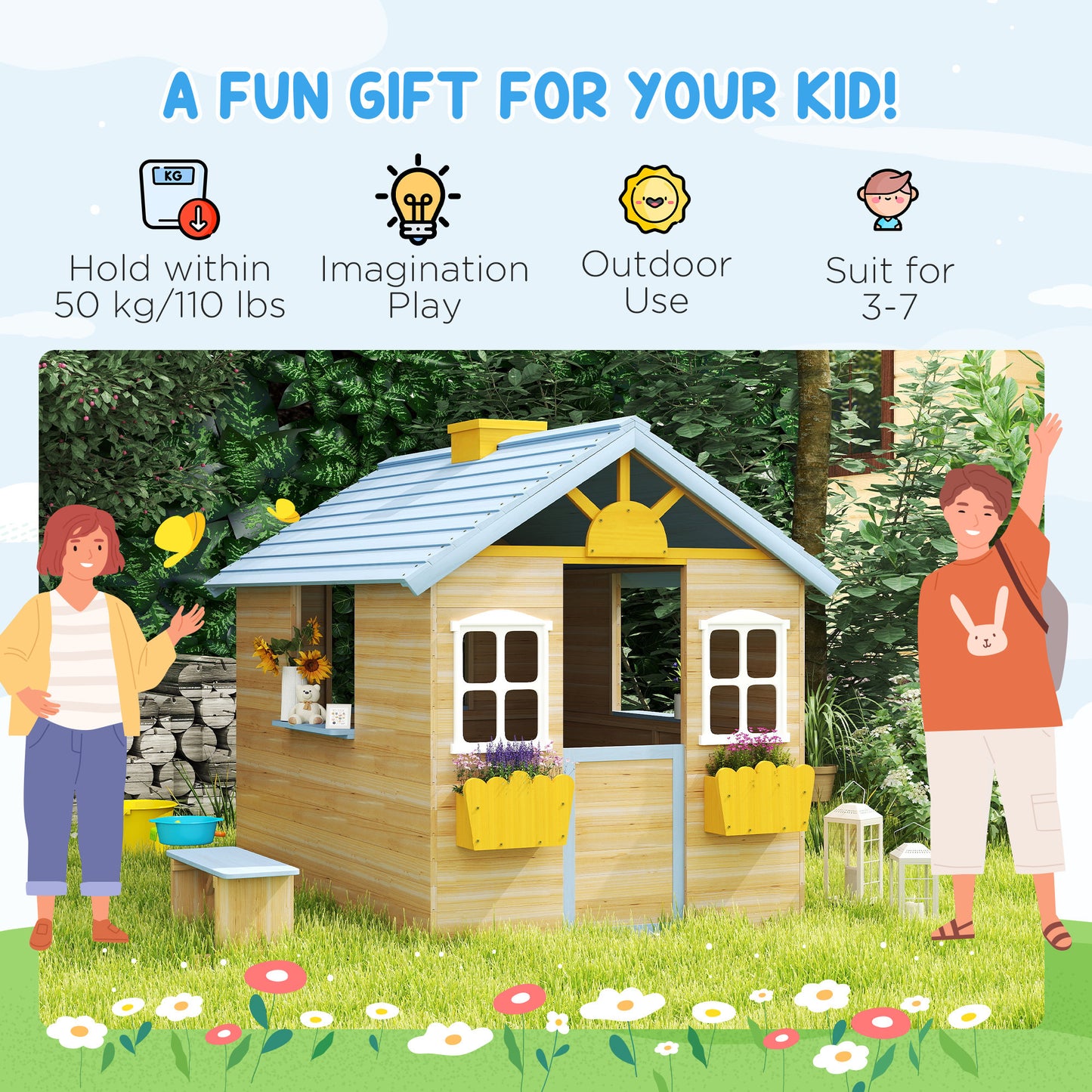 Wooden Playhouse, Wendy House w/ Door, Bench, Flowerpot Holder