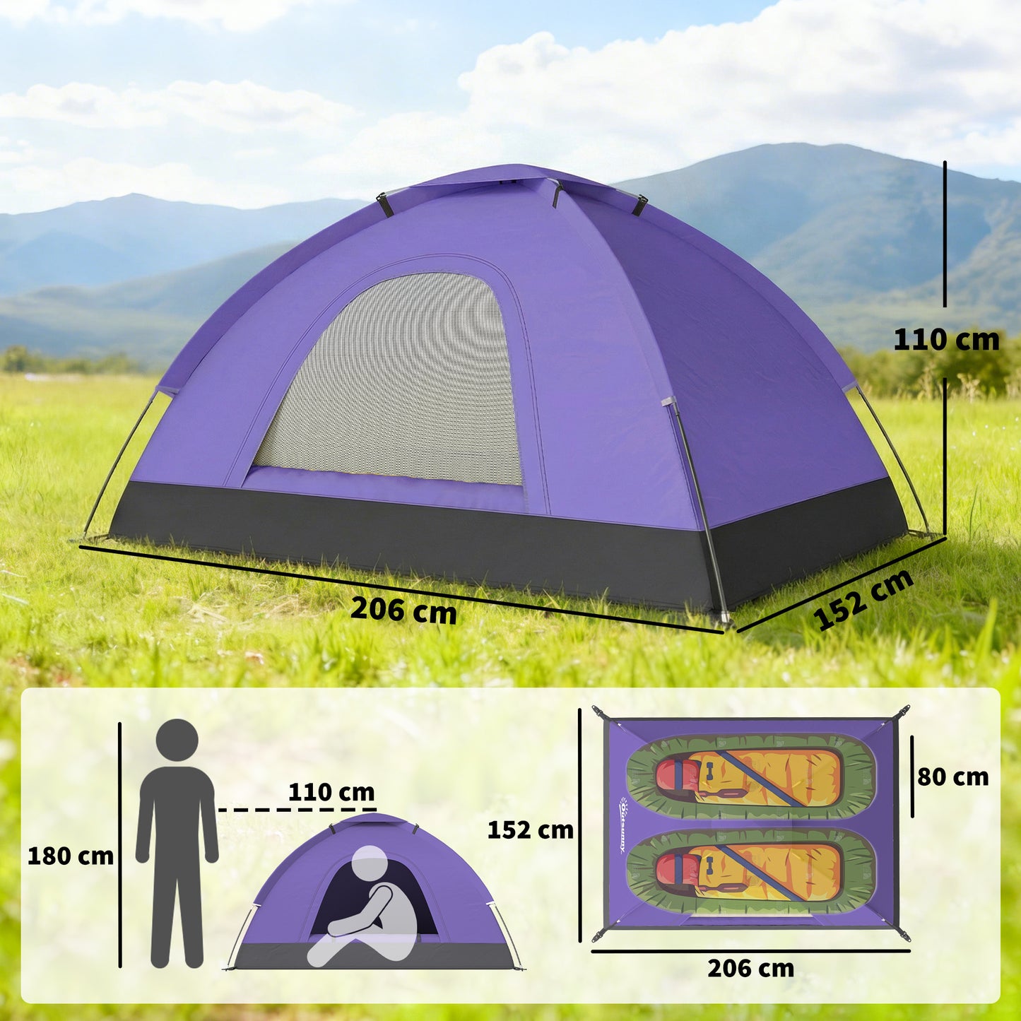 2 Person Camping Tent, Dome Tent with Zipped Doors, Storage Pocket (1)