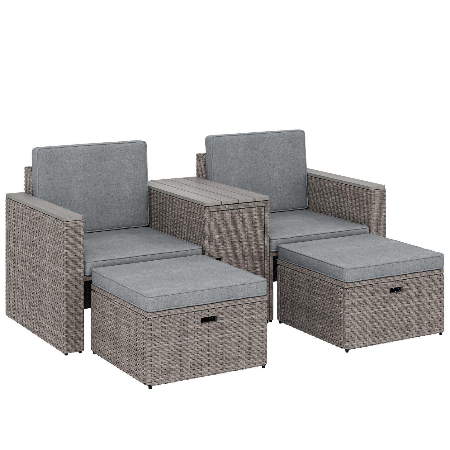 5 Piece Rattan Garden Furniture Set with Storage Table, Footstools