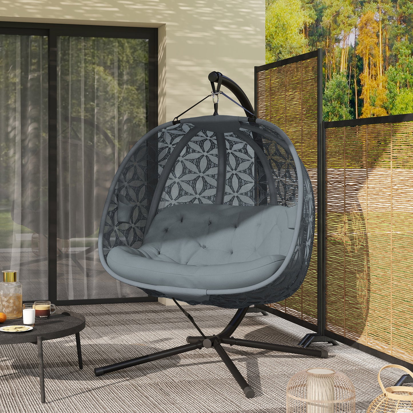 Outdoor Double Hanging Chair with Cushion and Cup Holders
