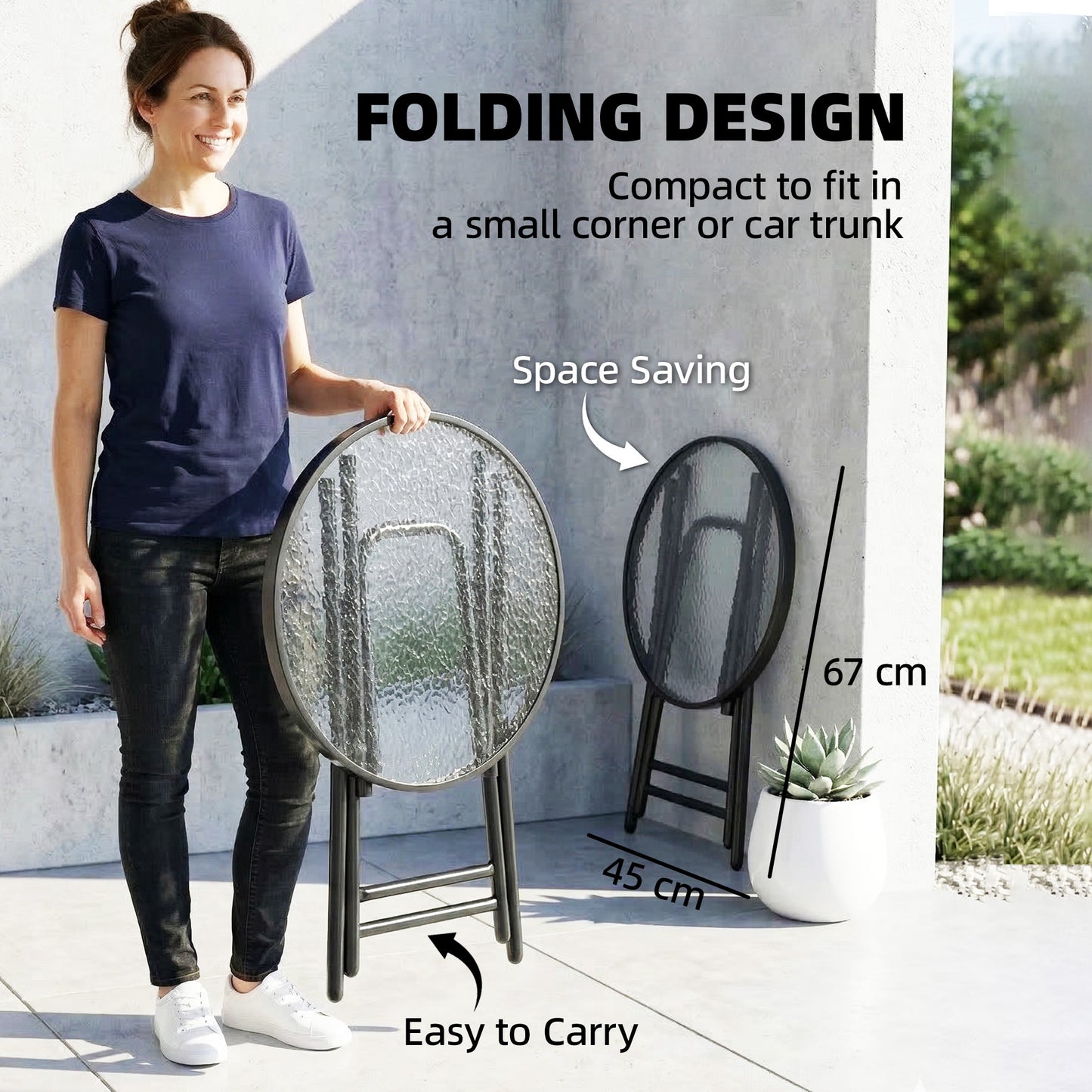 Foldable Garden Table, Round Folding Table with Glass Tabletop