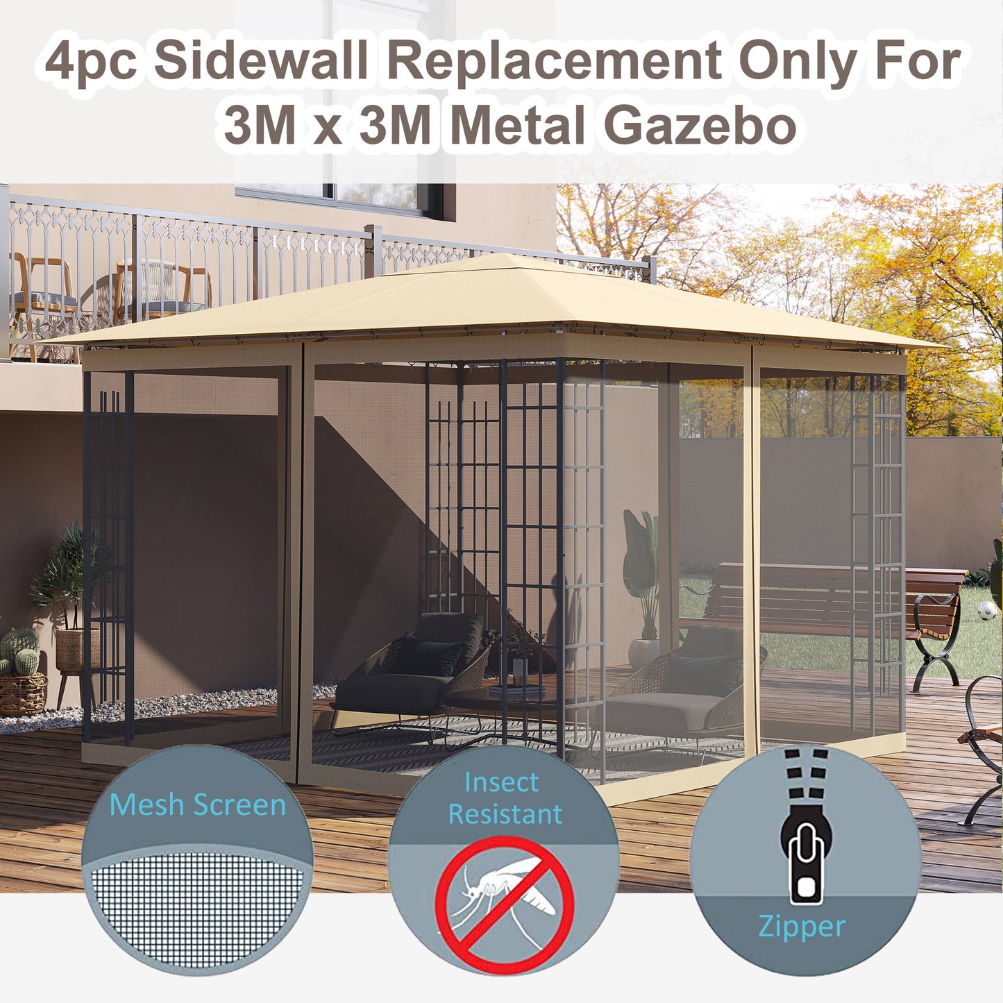 302 x 207cm Universal Replacement Mesh Sidewall Netting for Gazebos