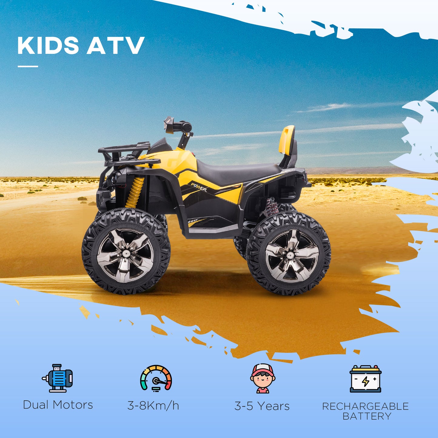 12V Quad Bike ATV with LED Lights, Music, Backrest, Forward, Backward